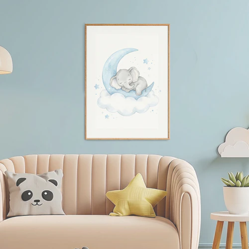 Elefanten-Kinderzimmer-Kunstdrucke für Jungen: Babyelefant, blauer Mond und Sterne