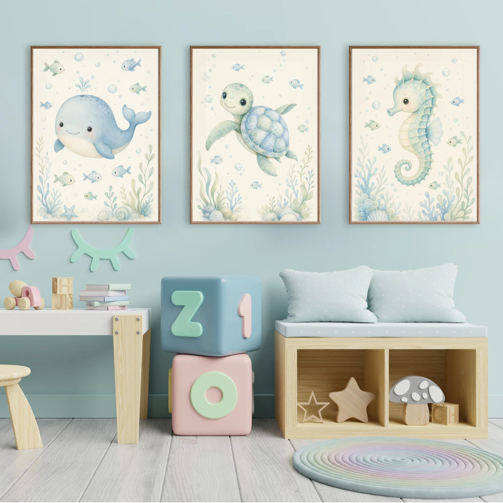 Meeresschildkröte Poster Jungenzimmer | Aquarell Ocean Babyzimmer Wanddeko