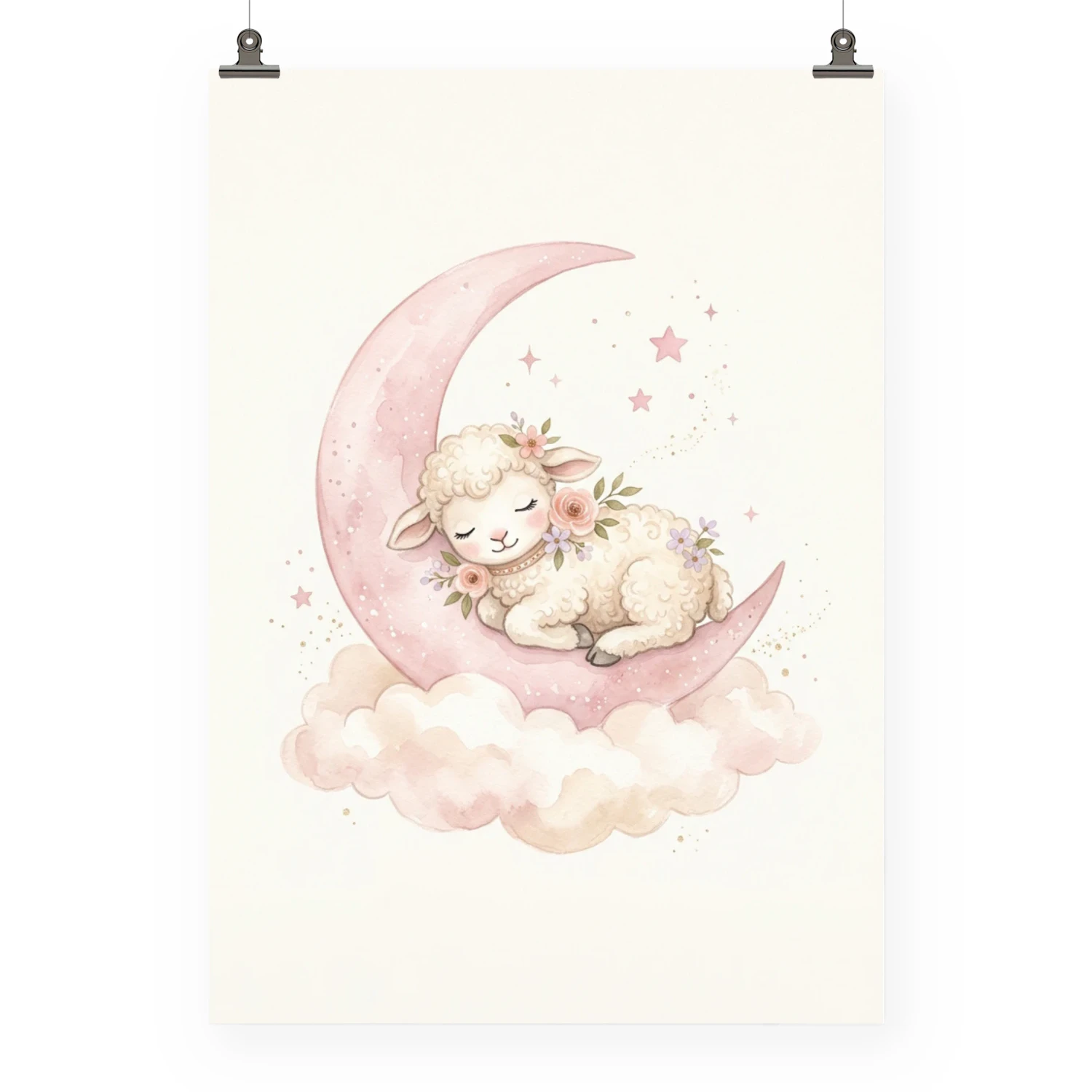 Lamm auf Mond Poster Mädchenzimmer | Aquarell Babyzimmer Wandbild