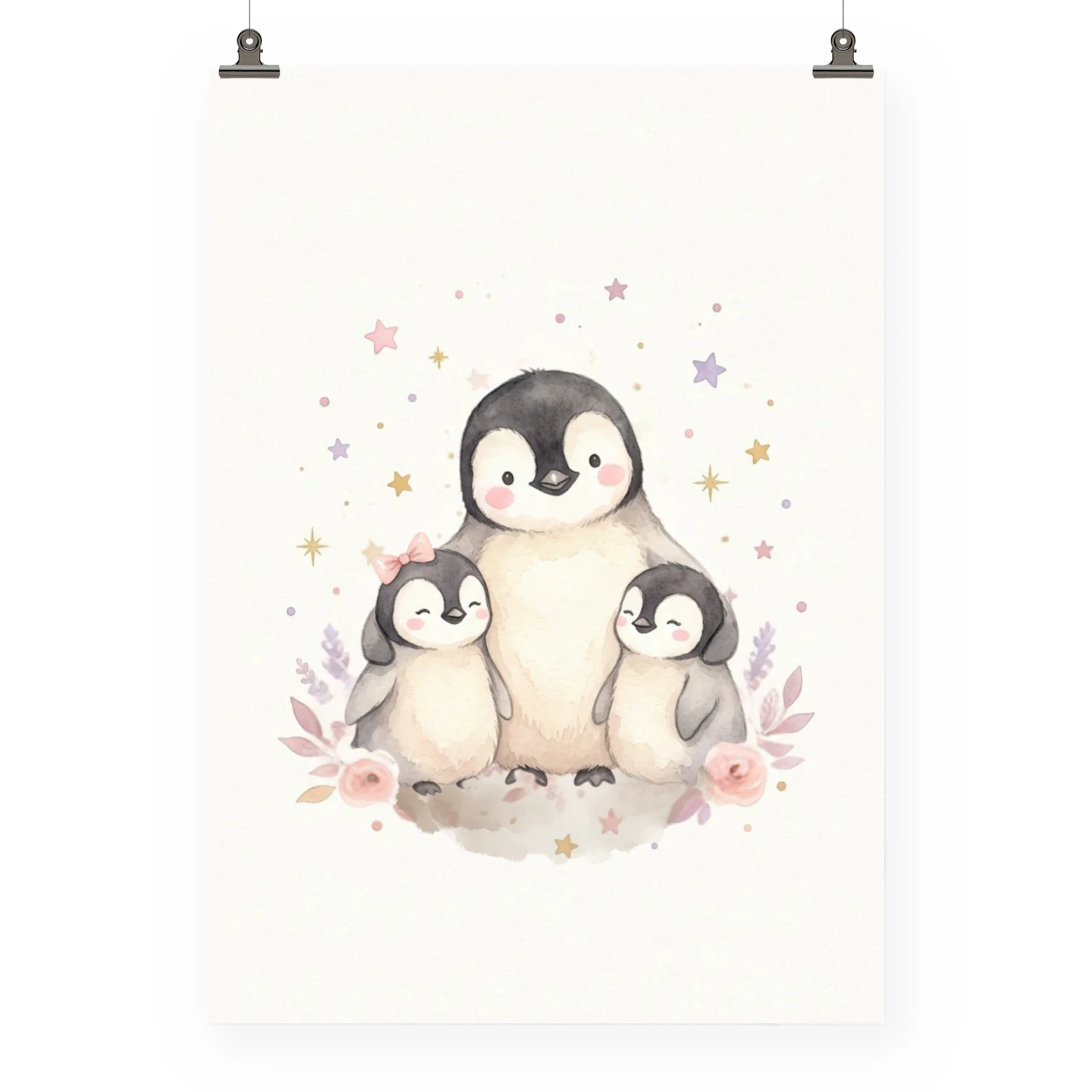Pinguin Poster Mädchenzimmer | Aquarell Pinguin Babys Blumen Wanddeko