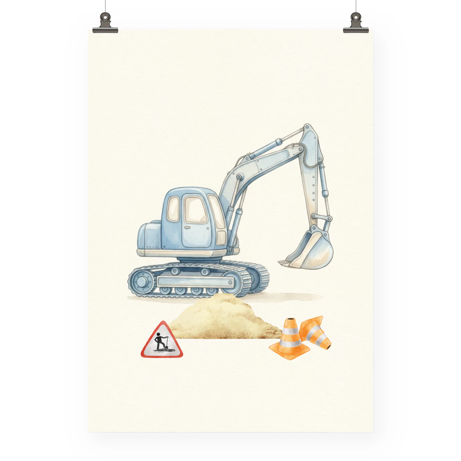 Bagger Poster Jungenzimmer | Aquarell Baustellenfahrzeug Kinderzimmer Deko