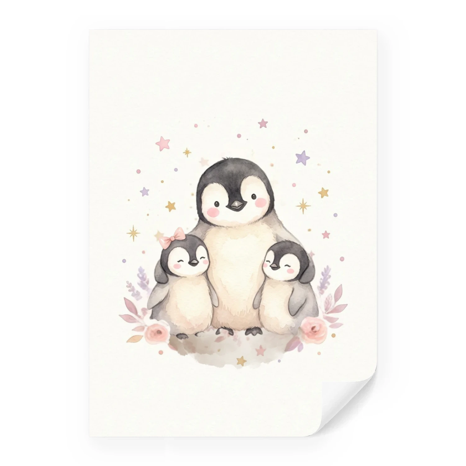 Pinguin Poster Mädchenzimmer | Aquarell Pinguin Babys Blumen Wanddeko