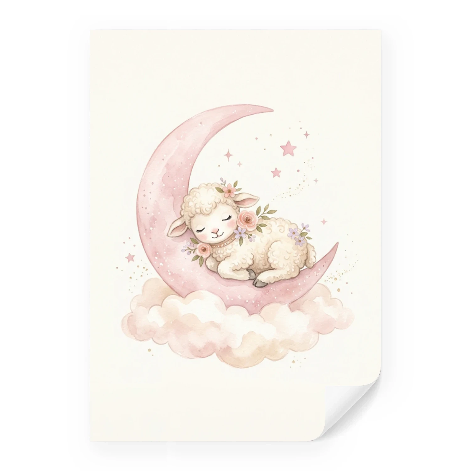 Lamm auf Mond Poster Mädchenzimmer | Aquarell Babyzimmer Wandbild