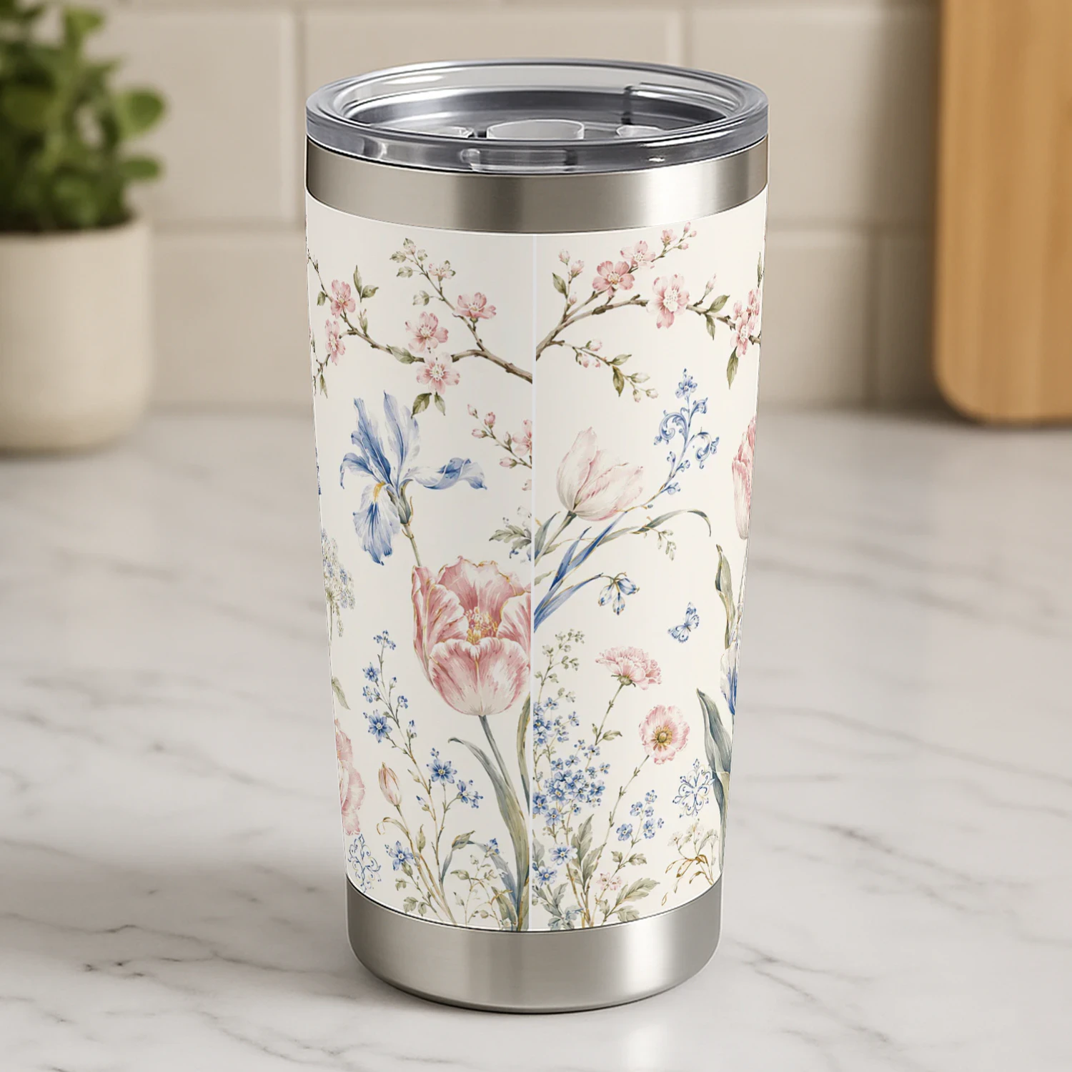 Bloemen Reisbeker Tumbler – Vintage Floral Thermobeker voor Koffie & Thee Onderweg