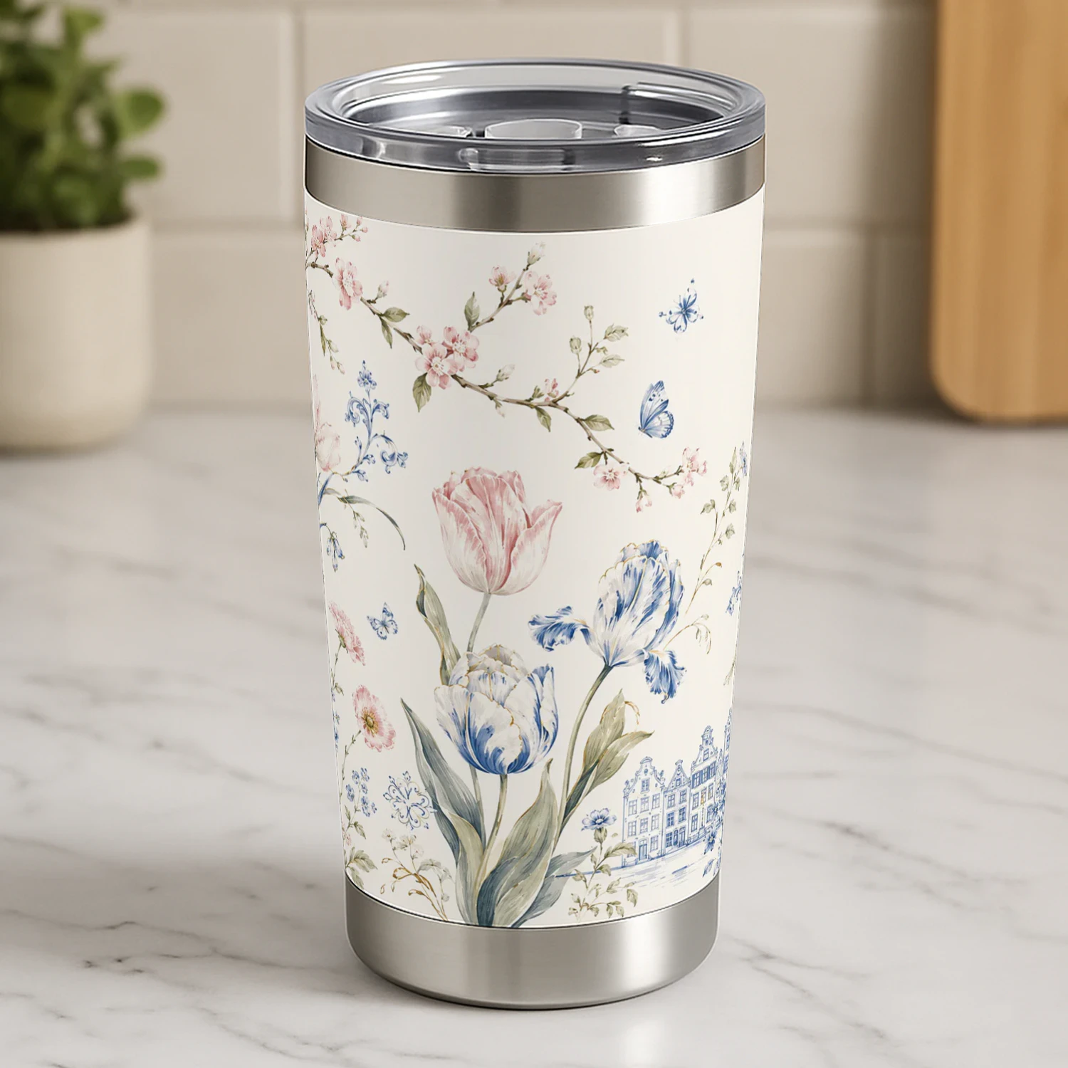 Bloemen Reisbeker Tumbler – Vintage Floral Thermobeker voor Koffie & Thee Onderweg