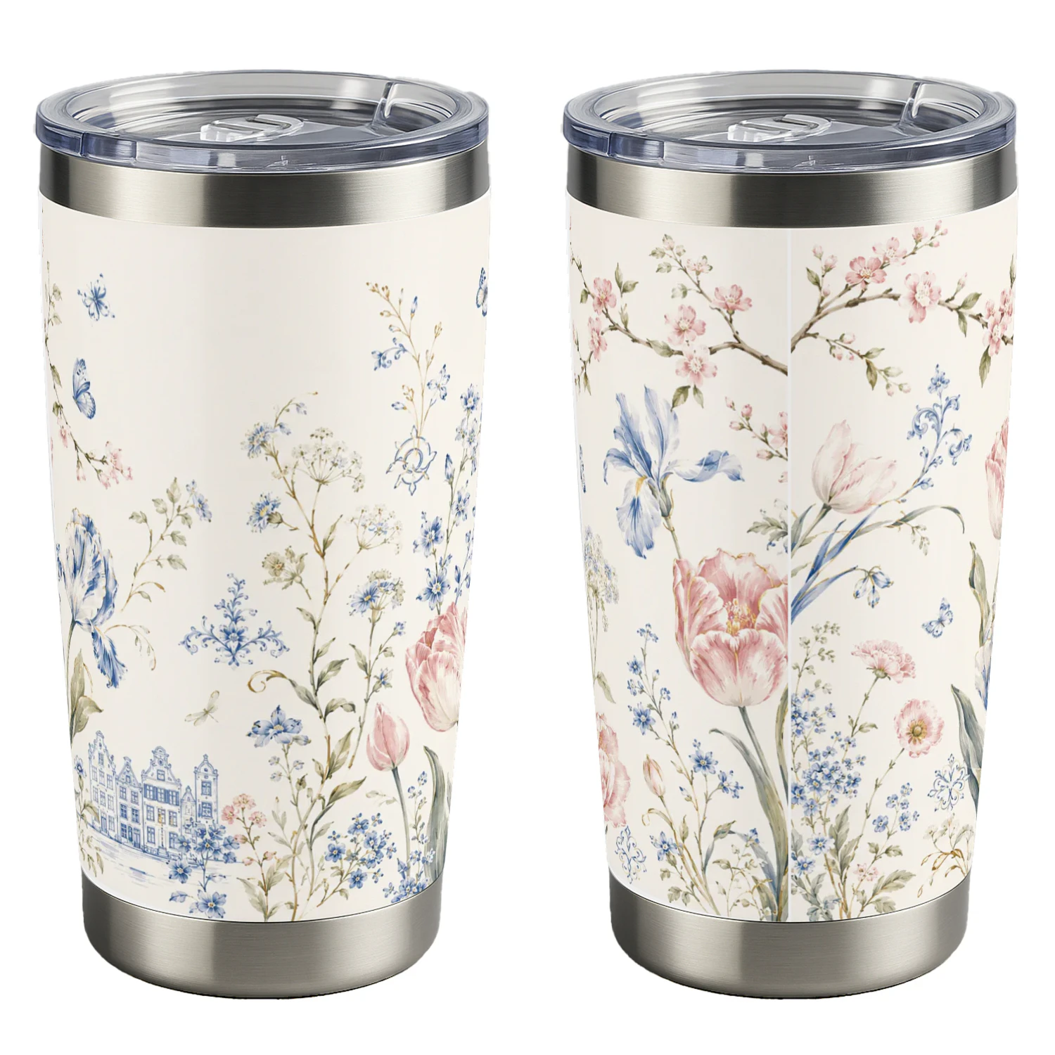 Bloemen Reisbeker Tumbler – Vintage Floral Thermobeker voor Koffie & Thee Onderweg
