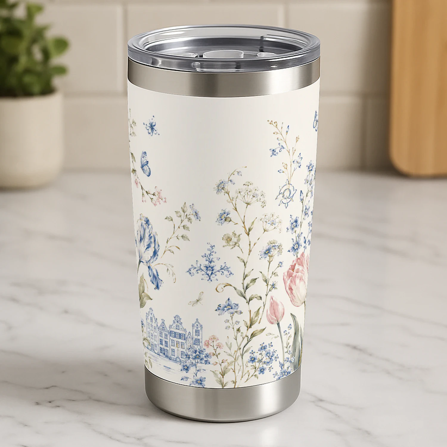 Bloemen Reisbeker Tumbler – Vintage Floral Thermobeker voor Koffie & Thee Onderweg