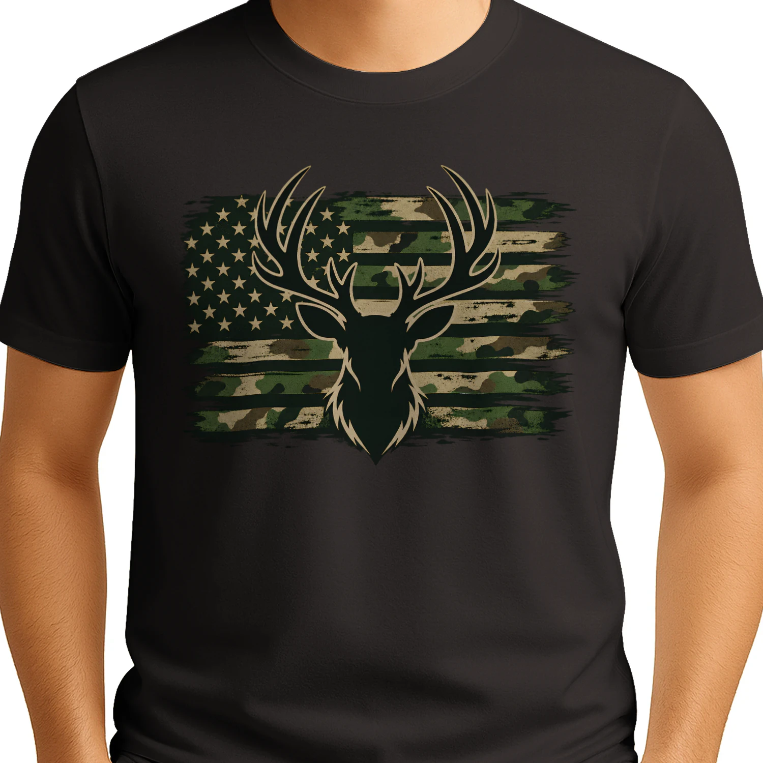 Deer Hunting USA T-Shirt – Camo American Flag Buck Hunter Tee for Men