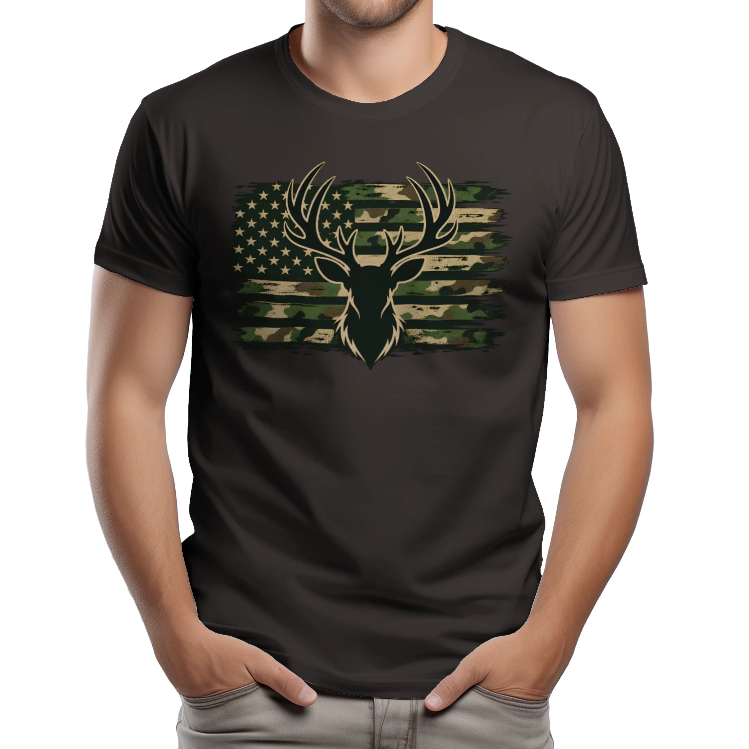 Deer Hunting USA T-Shirt – Camo American Flag Buck Hunter Tee for Men