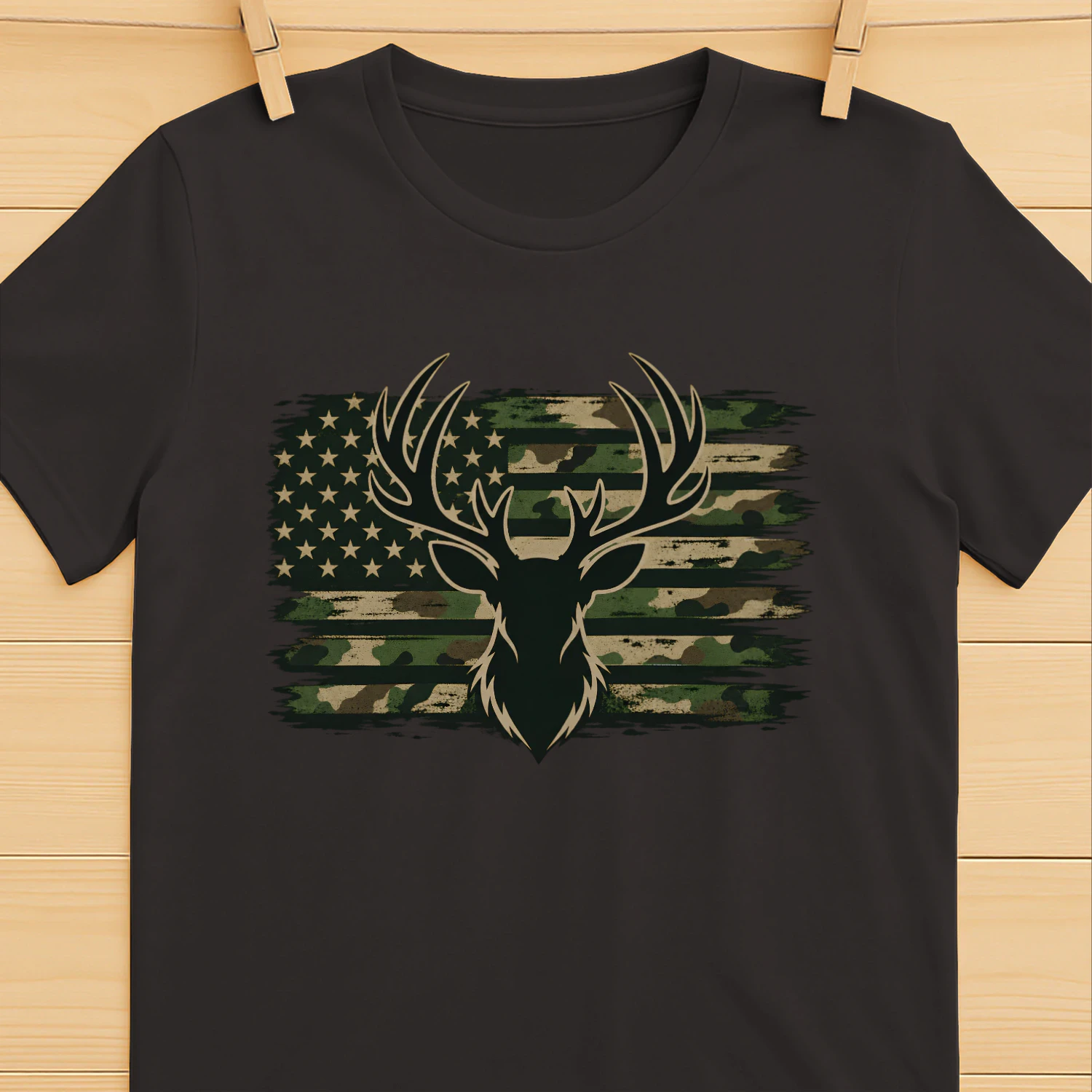 Deer Hunting USA T-Shirt – Camo American Flag Buck Hunter Tee for Men