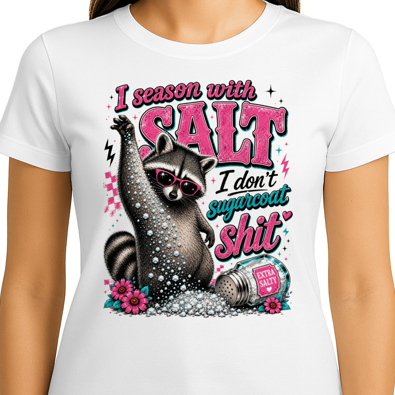 Funny Sassy Raccoon Salt Shirt – I Season With Salt I Don’t Sugarcoat Shit T-Shirt