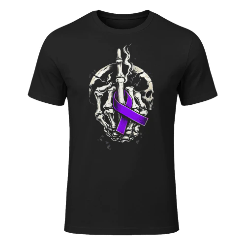 Skeleton Middle Finger Purple Ribbon Pancreatic Cancer T Shirt PCC0076