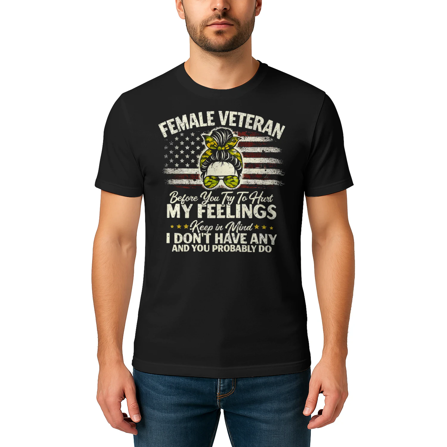 Female Veteran Messy Bun Funny Flag T Shirt VET0012