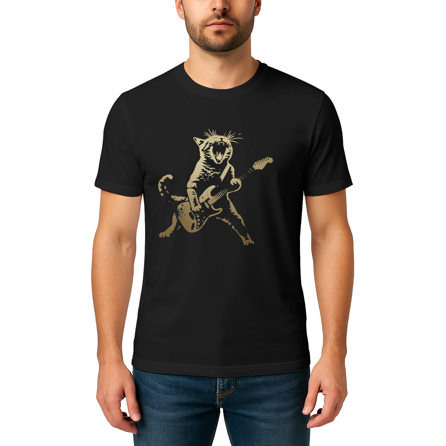 Cat Playing Electric Rock Silhouette Guitar T Shirt GTR0007