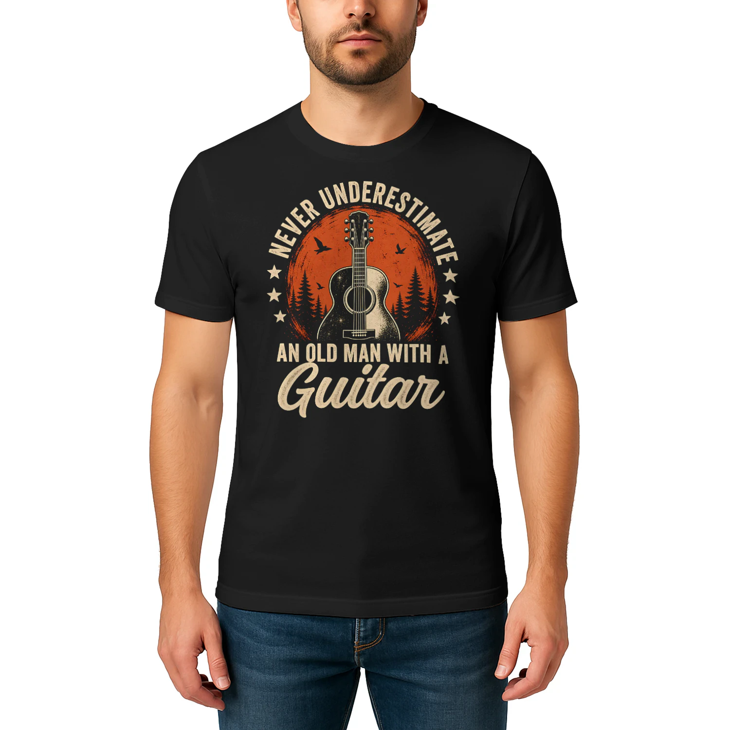 Never Underestimate Old Man Circle Guitar T Shirt GTR0029