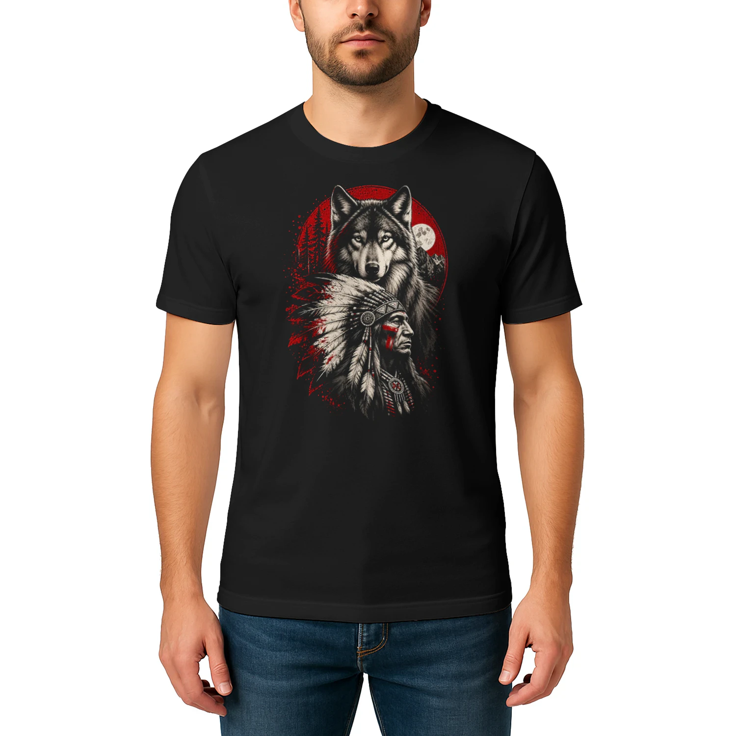 Wolf Spirit Chief Native American T Shirt NTA0073