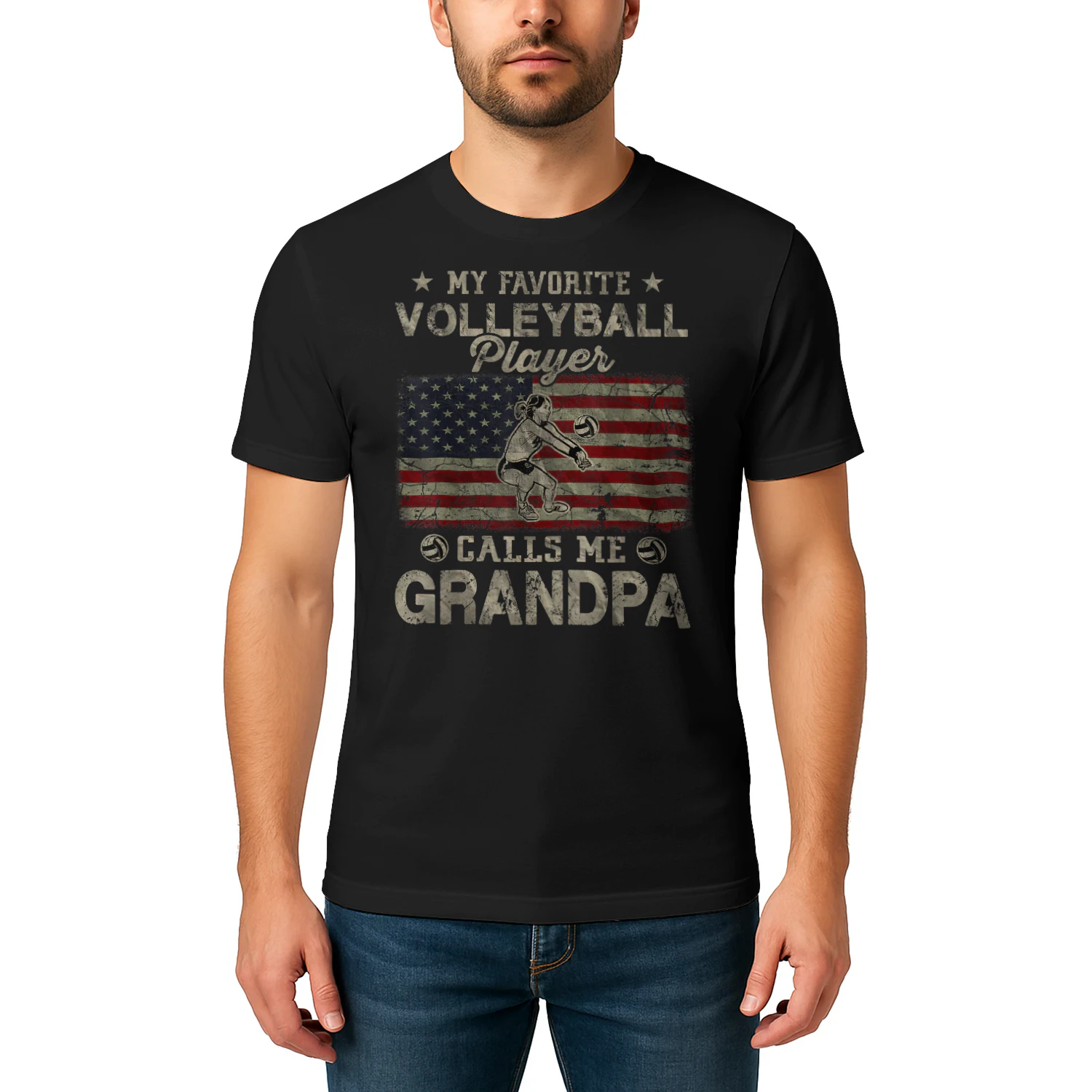 My Favorite Volleyball Player Calls Me Grandpa USA Flag T-Shirt VOL0042