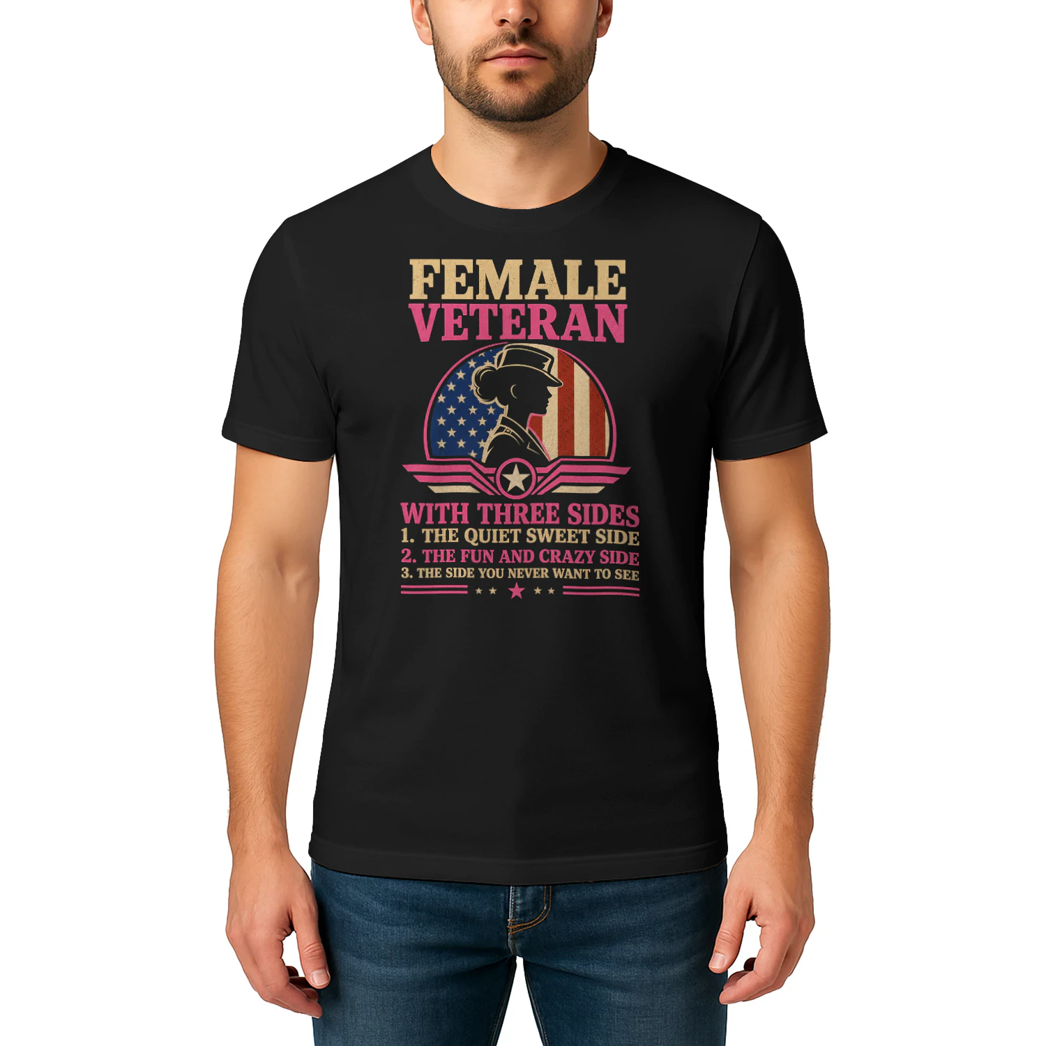 Female Veteran With Three Sides Flag T Shirt VET0013