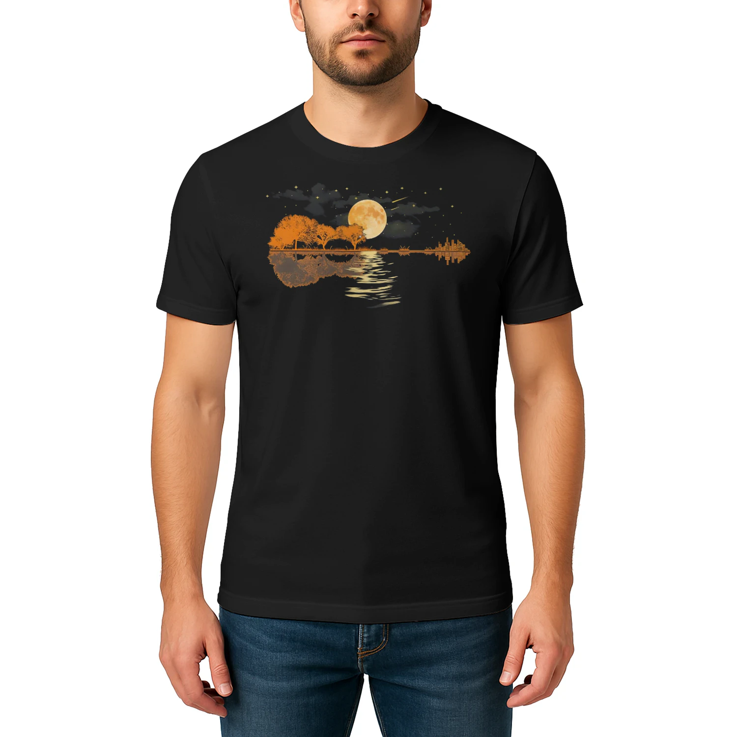 Guitar Lake Nature Landscape Sunset Guitar T Shirt GTR0012