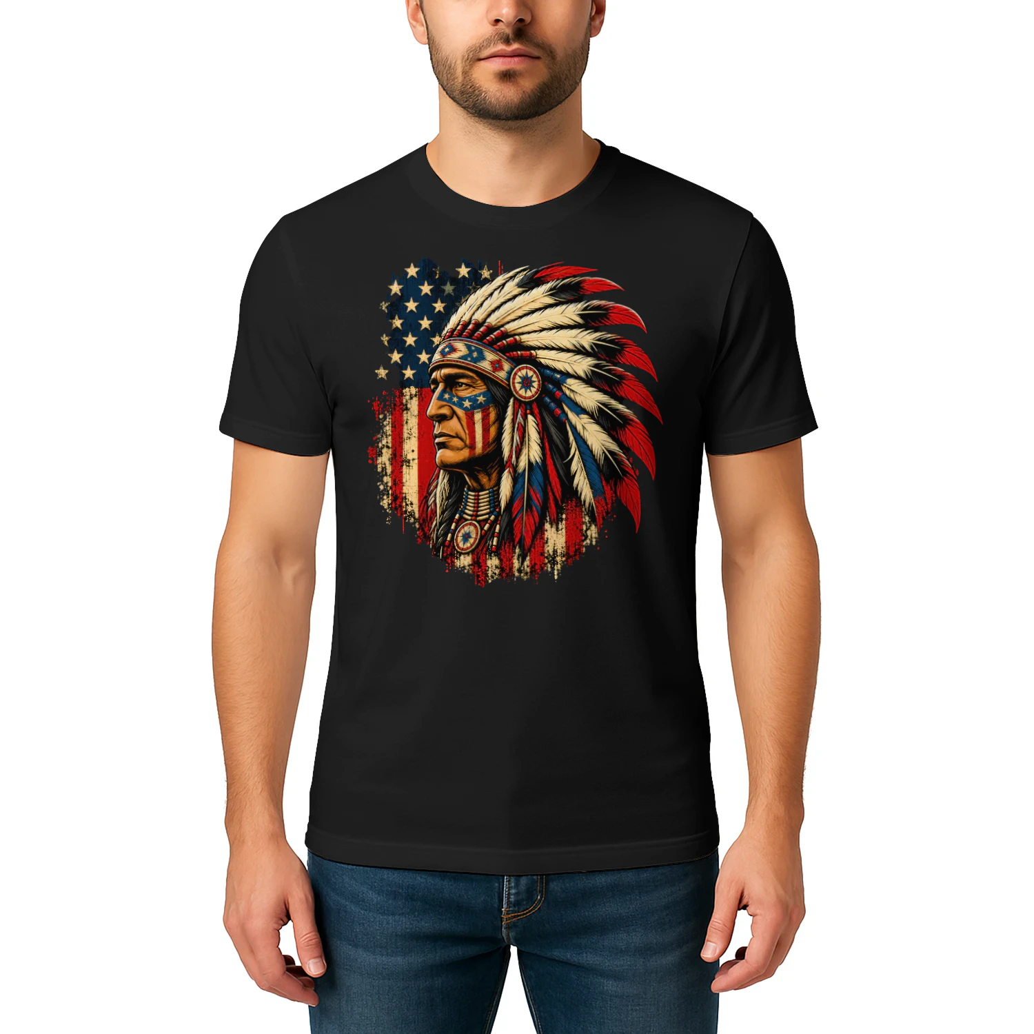American Flag Chief Native American T Shirt NTA0004