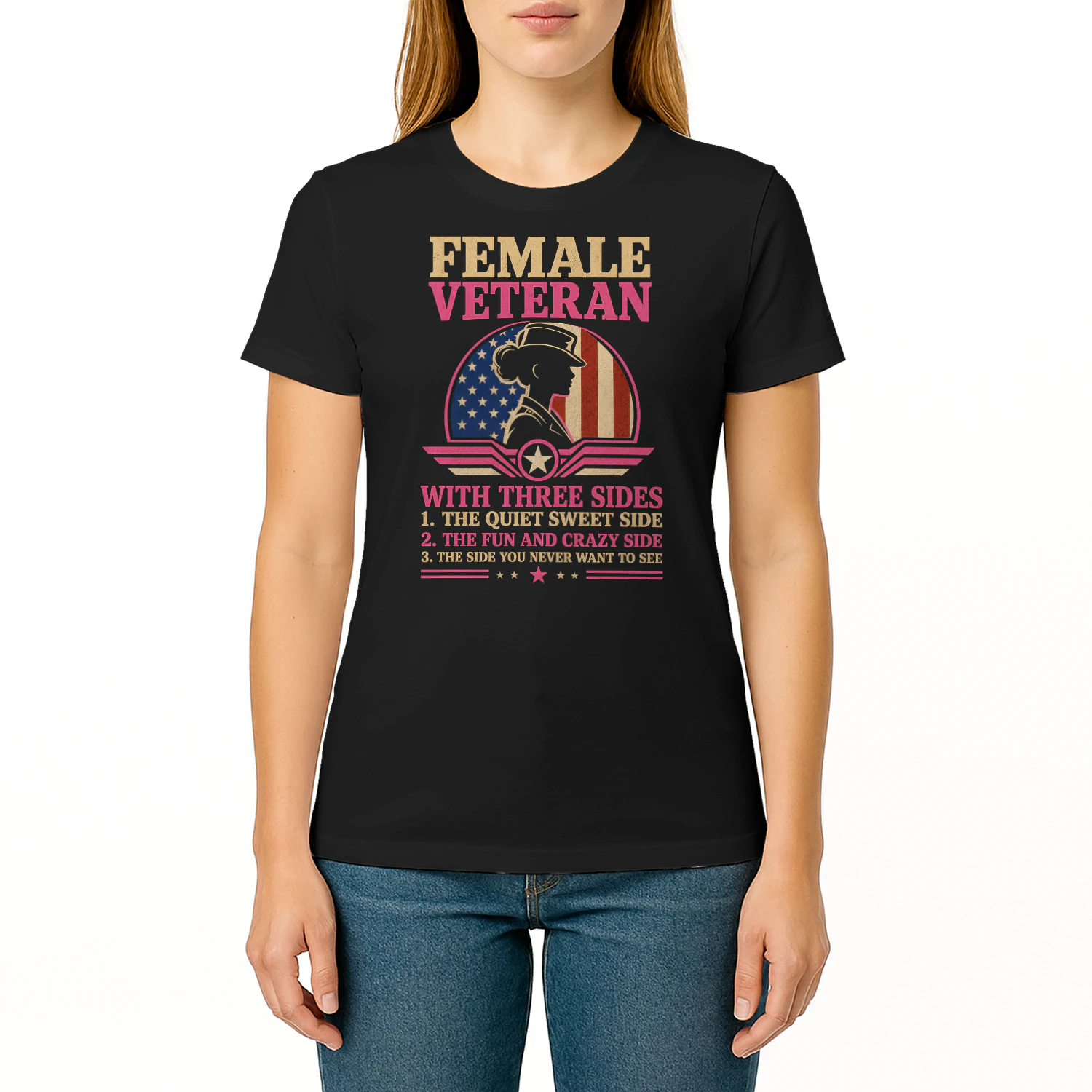 Female Veteran With Three Sides Flag T Shirt VET0013