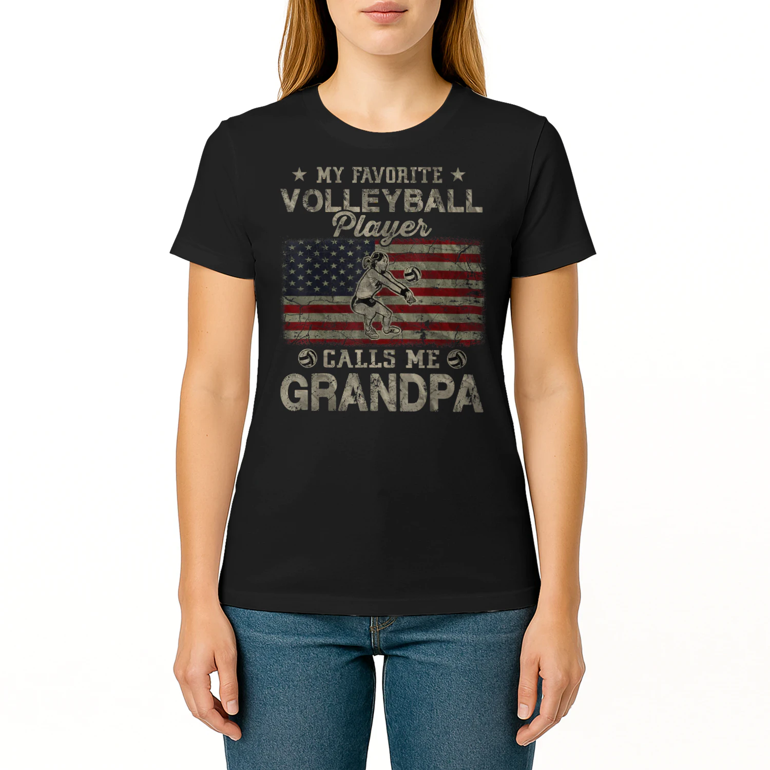 My Favorite Volleyball Player Calls Me Grandpa USA Flag T-Shirt VOL0042