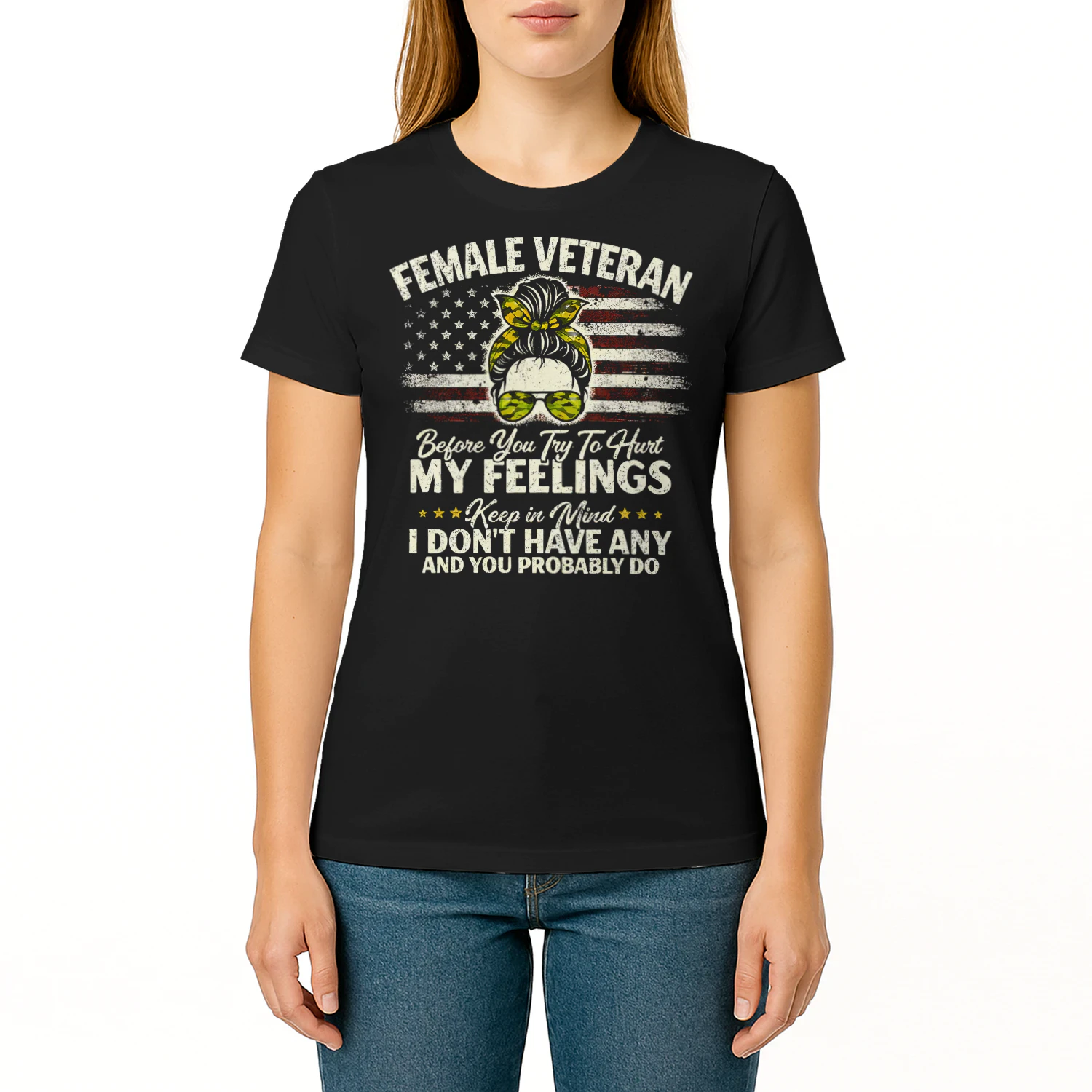 Female Veteran Messy Bun Funny Flag T Shirt VET0012