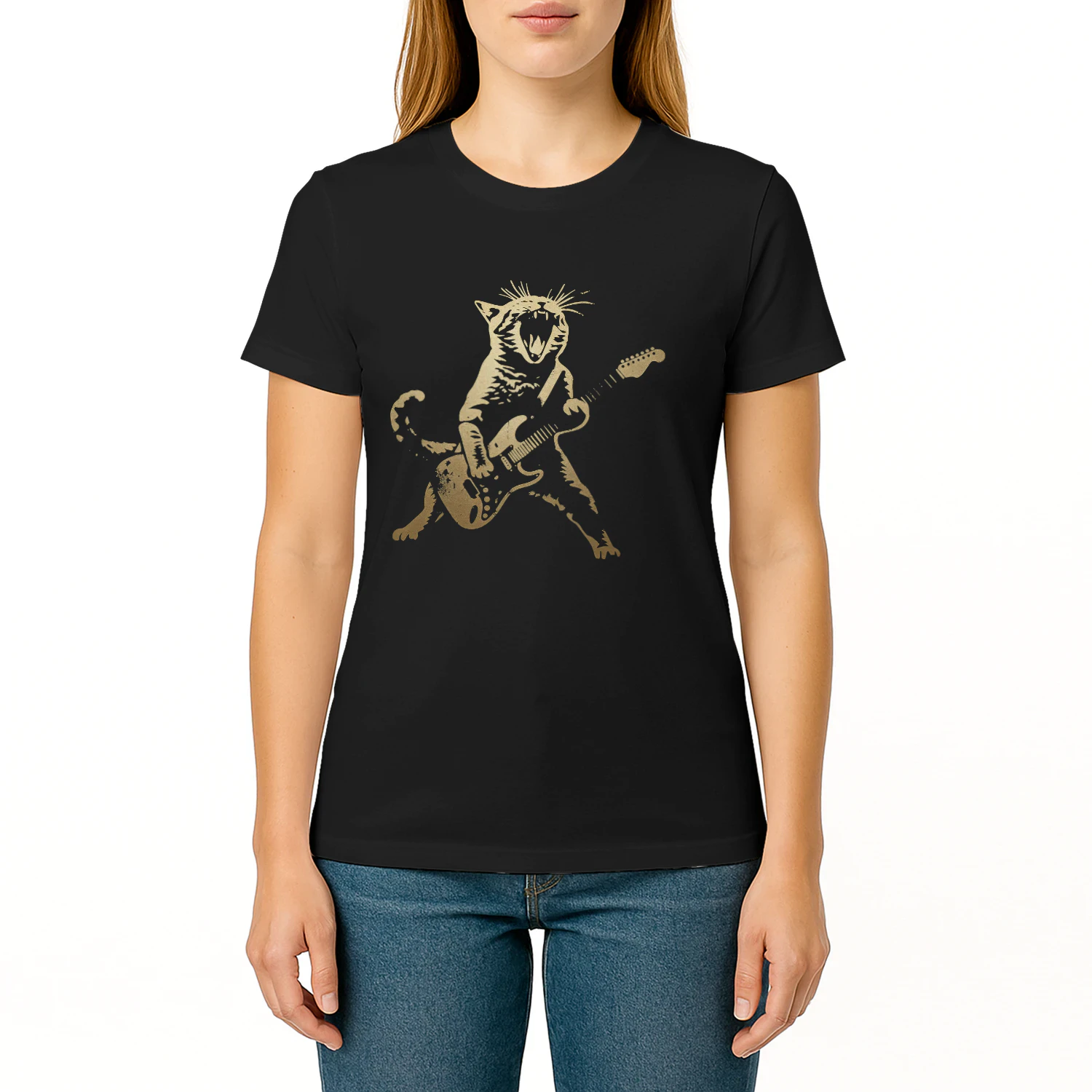 Cat Playing Electric Rock Silhouette Guitar T Shirt GTR0007
