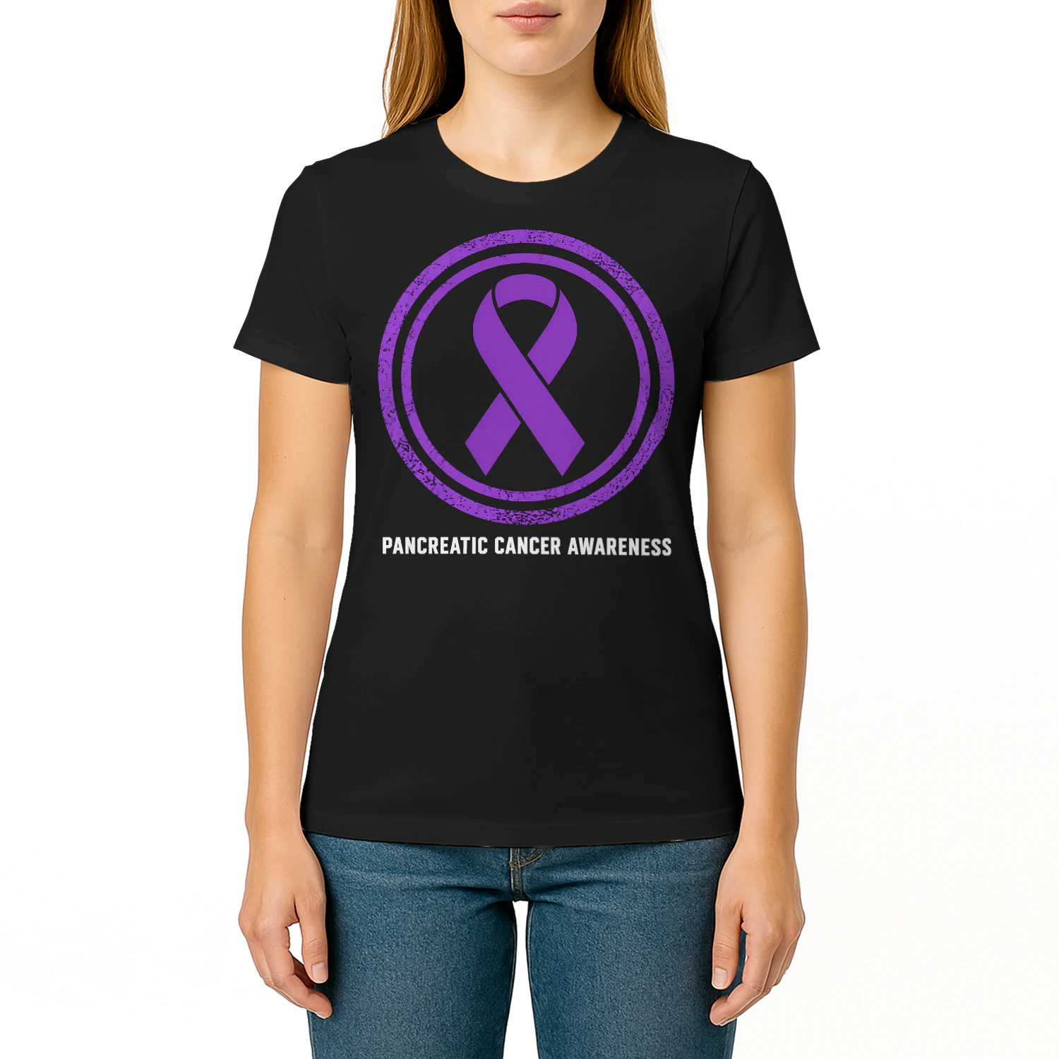 Purple Ribbon Awareness Circle Emblem Pancreatic Cancer T Shirt PCC0072