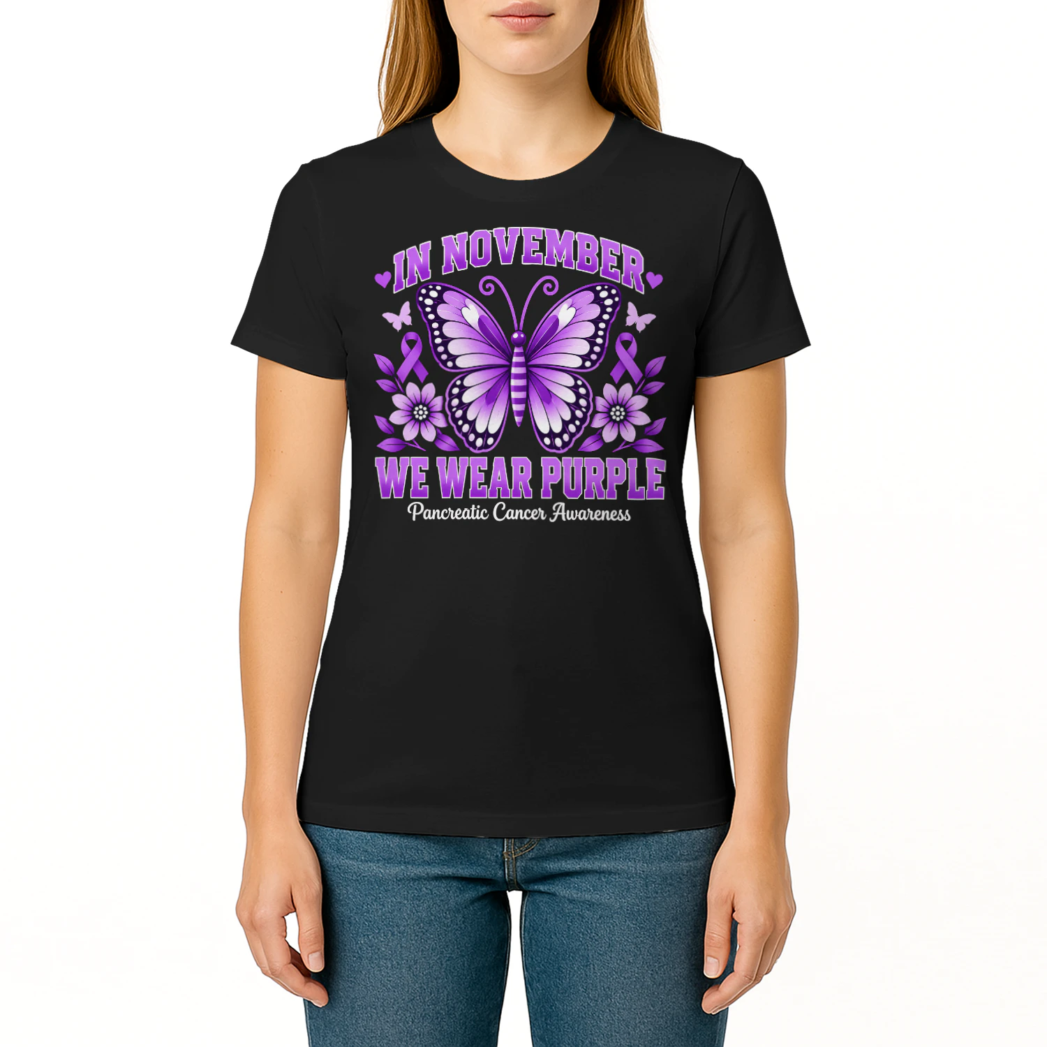 In November Purple Butterfly Pancreatic Cancer T Shirt PCC0048