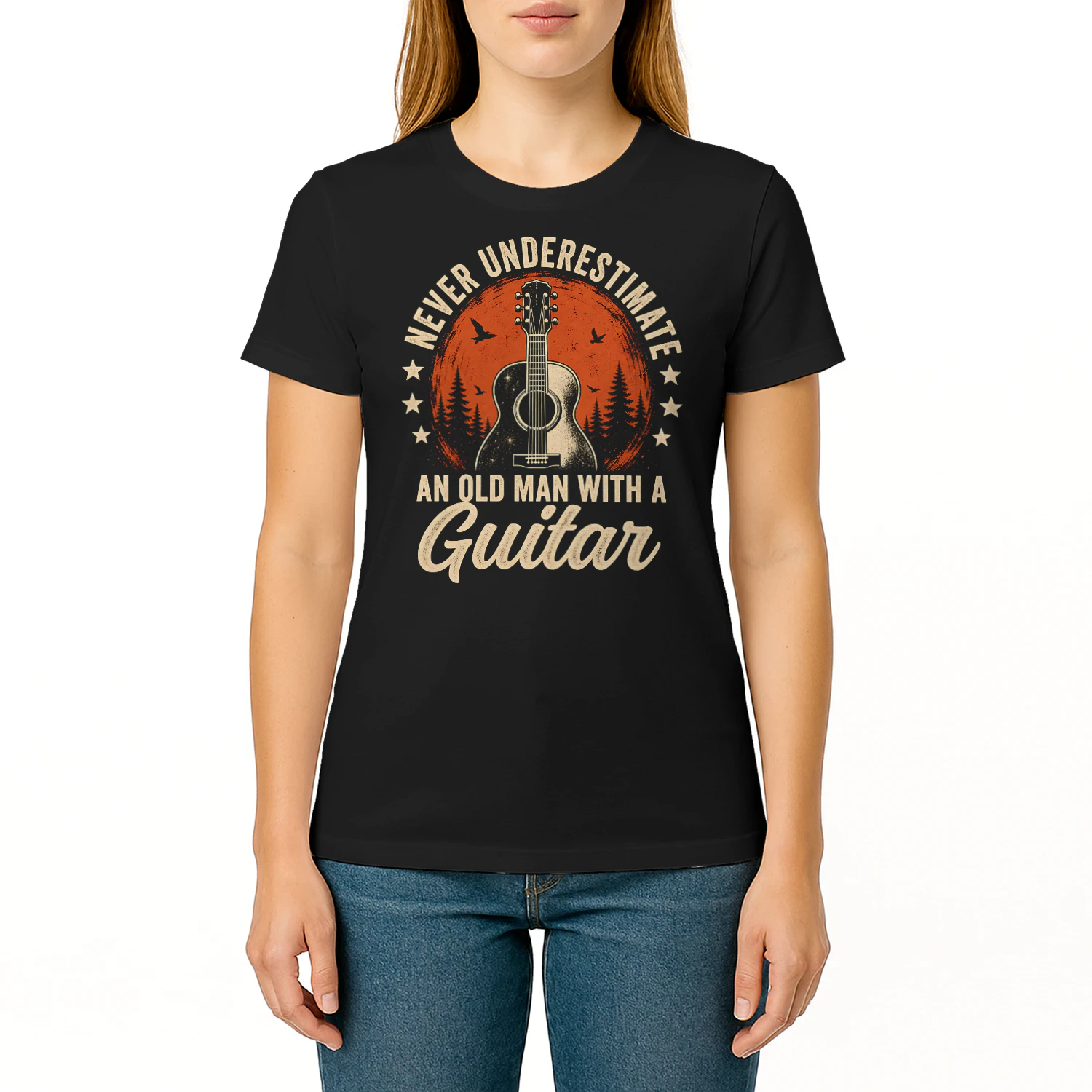 Never Underestimate Old Man Circle Guitar T Shirt GTR0029