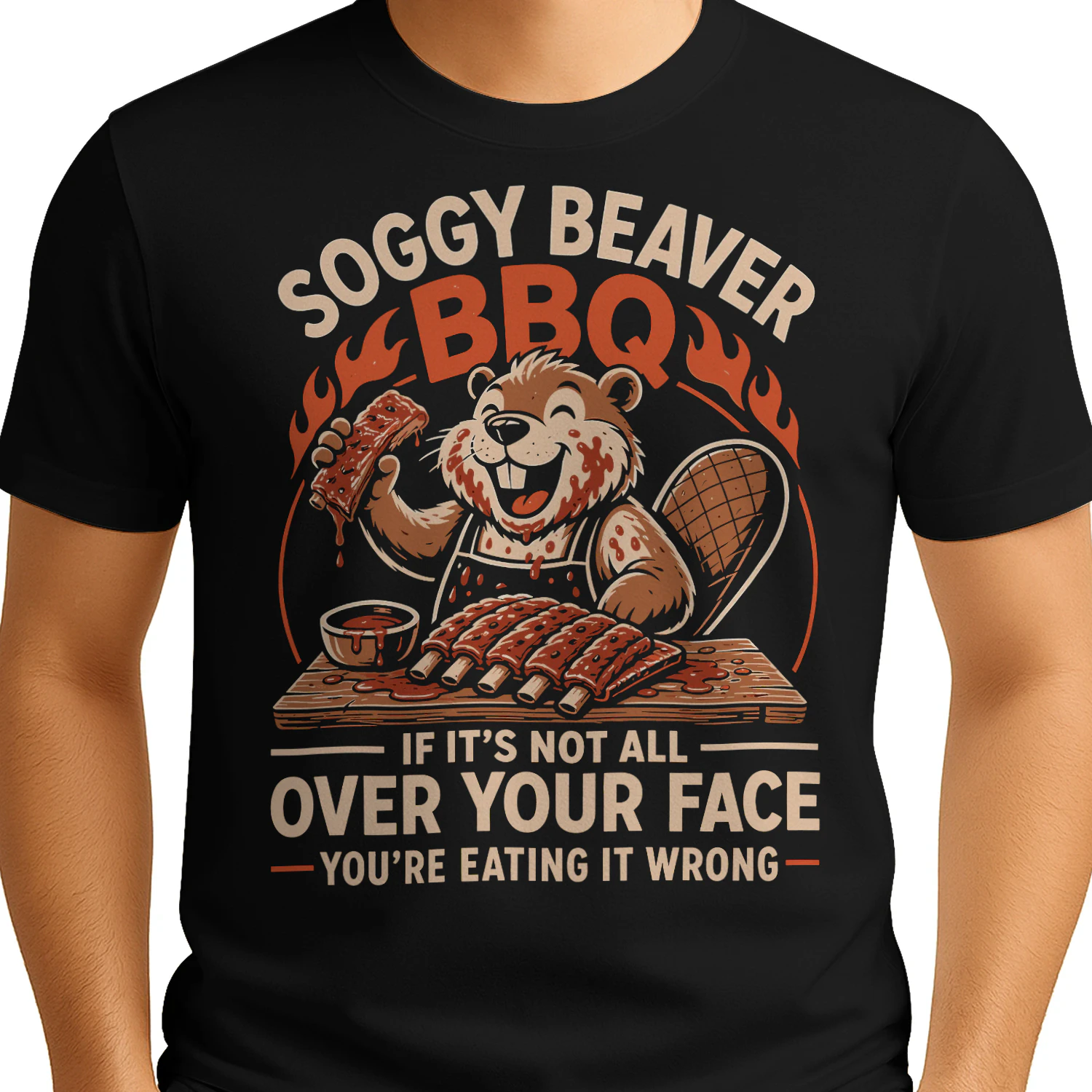 Soggy Beaver BBQ Funny Beaver Eating Ribs Barbecue Grill BBQ T Shirt BBQ0070