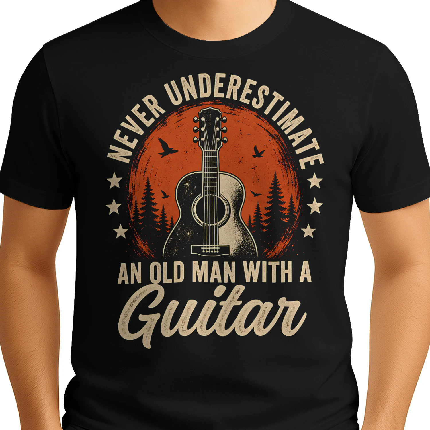 Never Underestimate Old Man Circle Guitar T Shirt GTR0029
