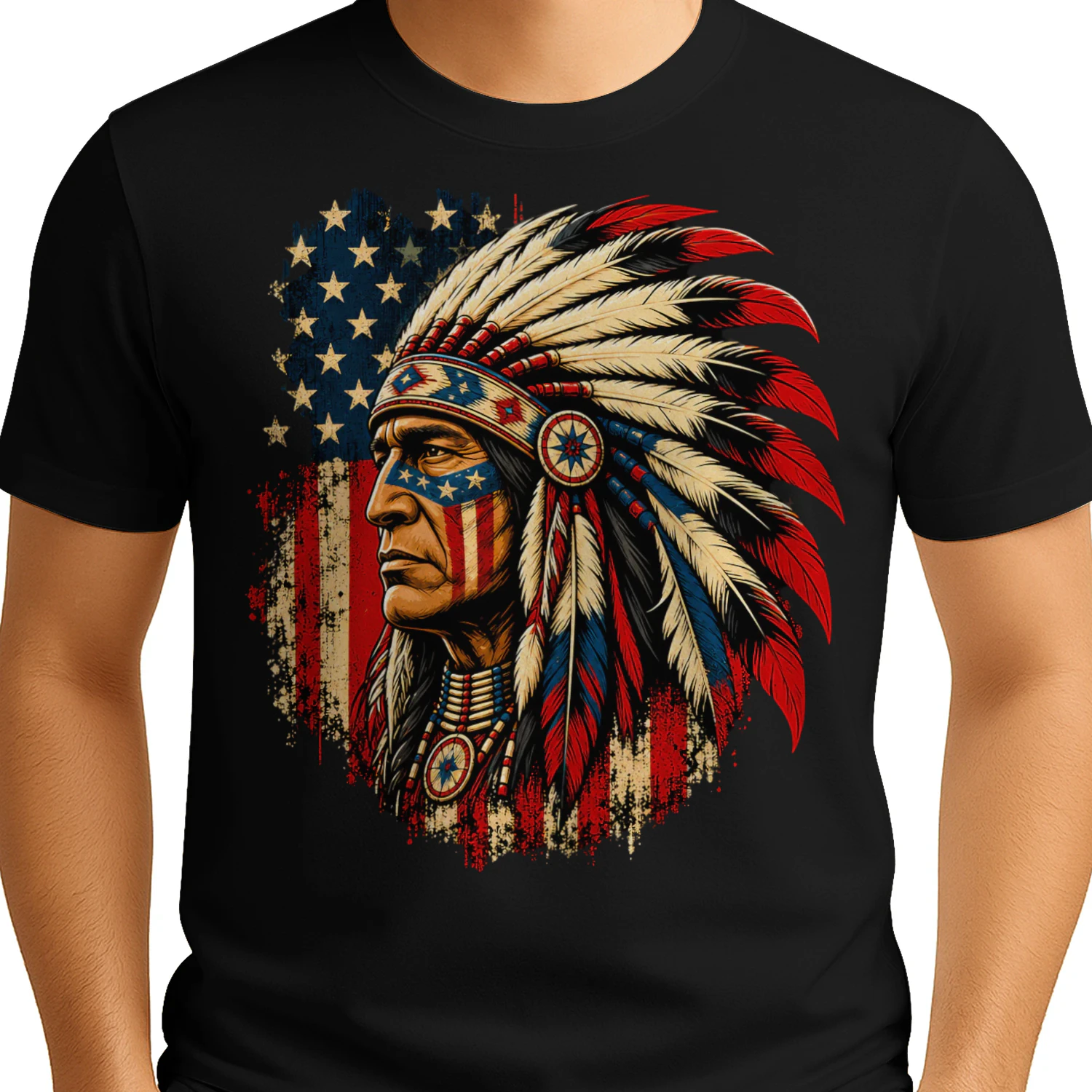 American Flag Chief Native American T Shirt NTA0004