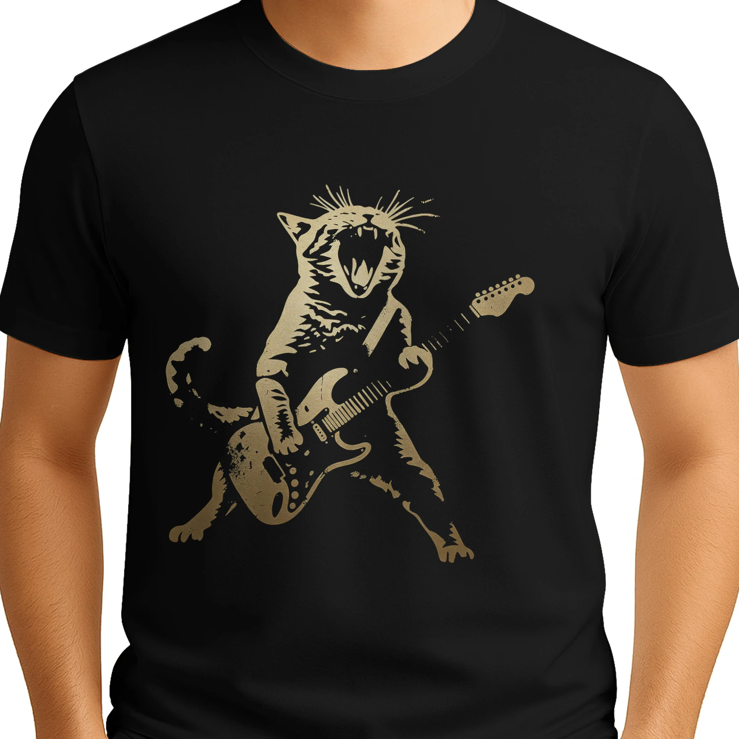 Cat Playing Electric Rock Silhouette Guitar T Shirt GTR0007