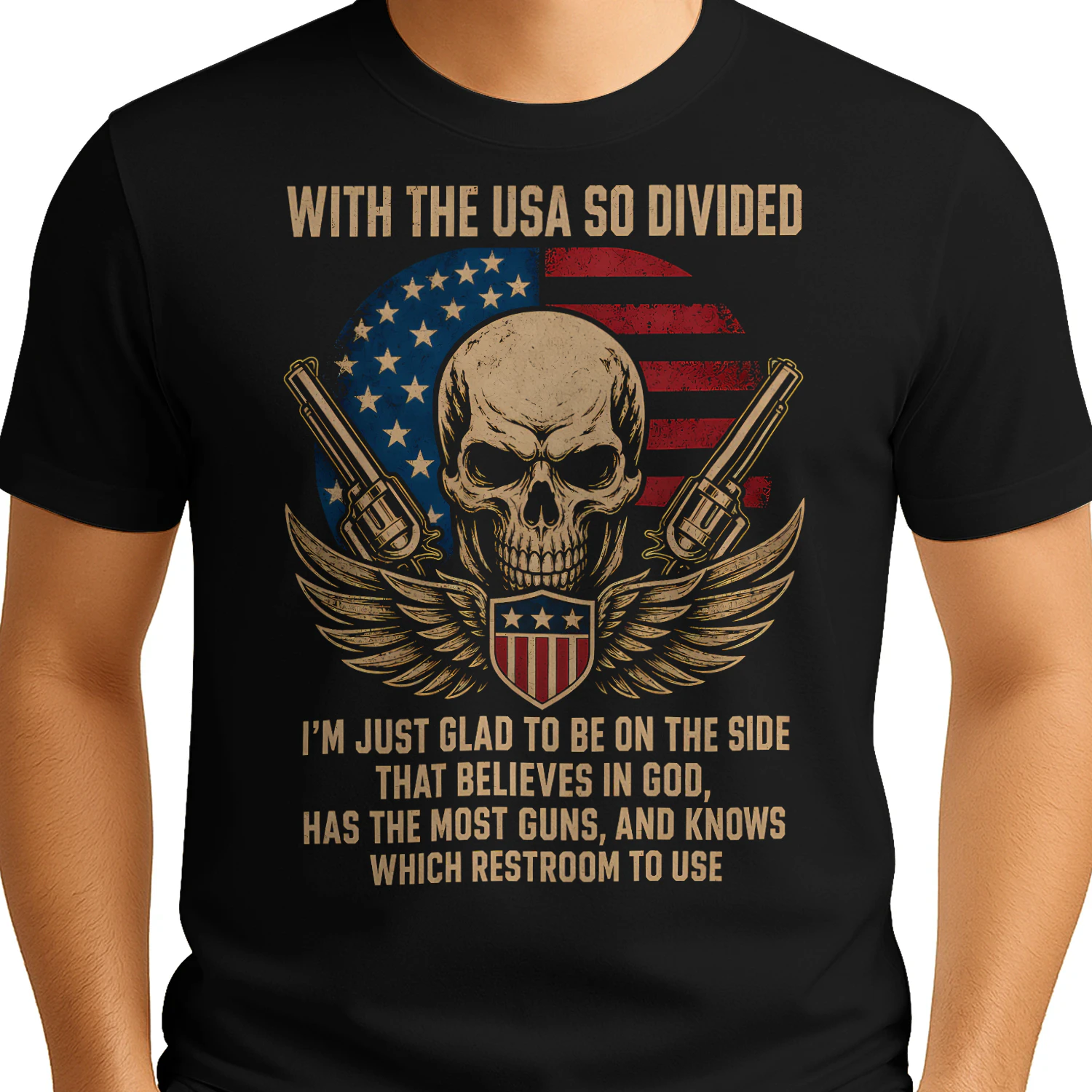 USA Divided Skull Guns Patriotic Veteran T Shirt VET0081