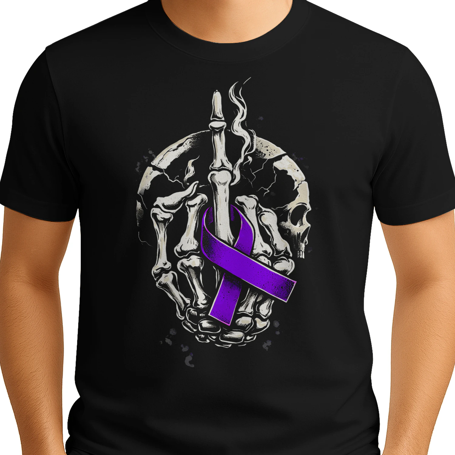 Skeleton Middle Finger Purple Ribbon Pancreatic Cancer T Shirt PCC0076