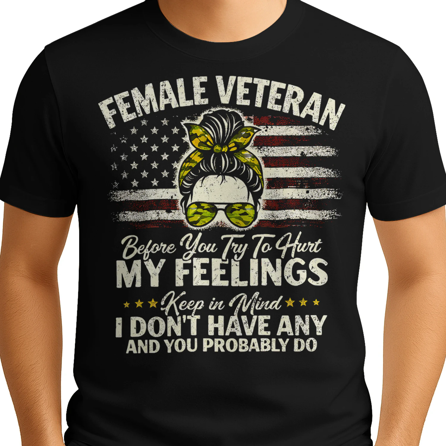 Female Veteran Messy Bun Funny Flag T Shirt VET0012
