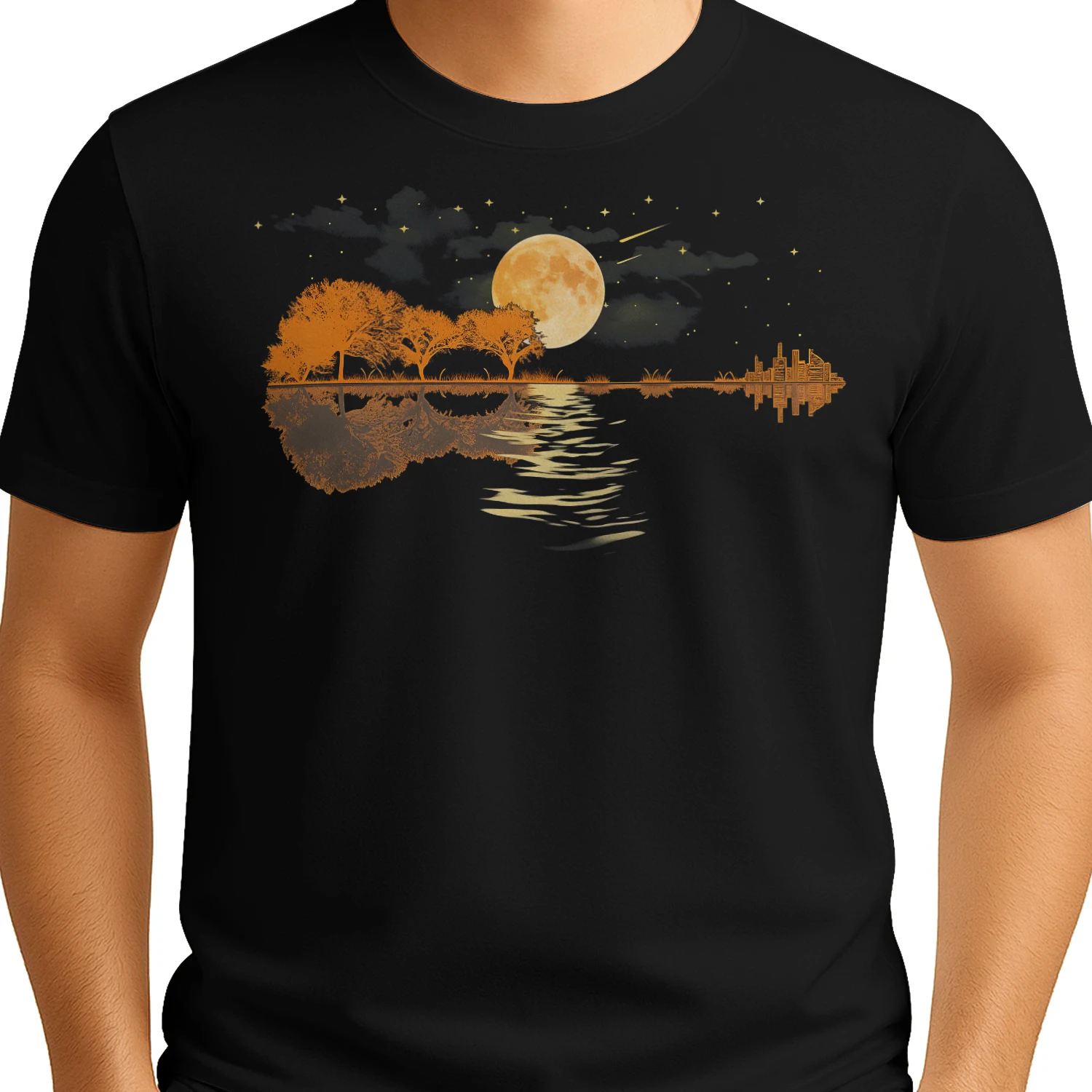 Guitar Lake Nature Landscape Sunset Guitar T Shirt GTR0012