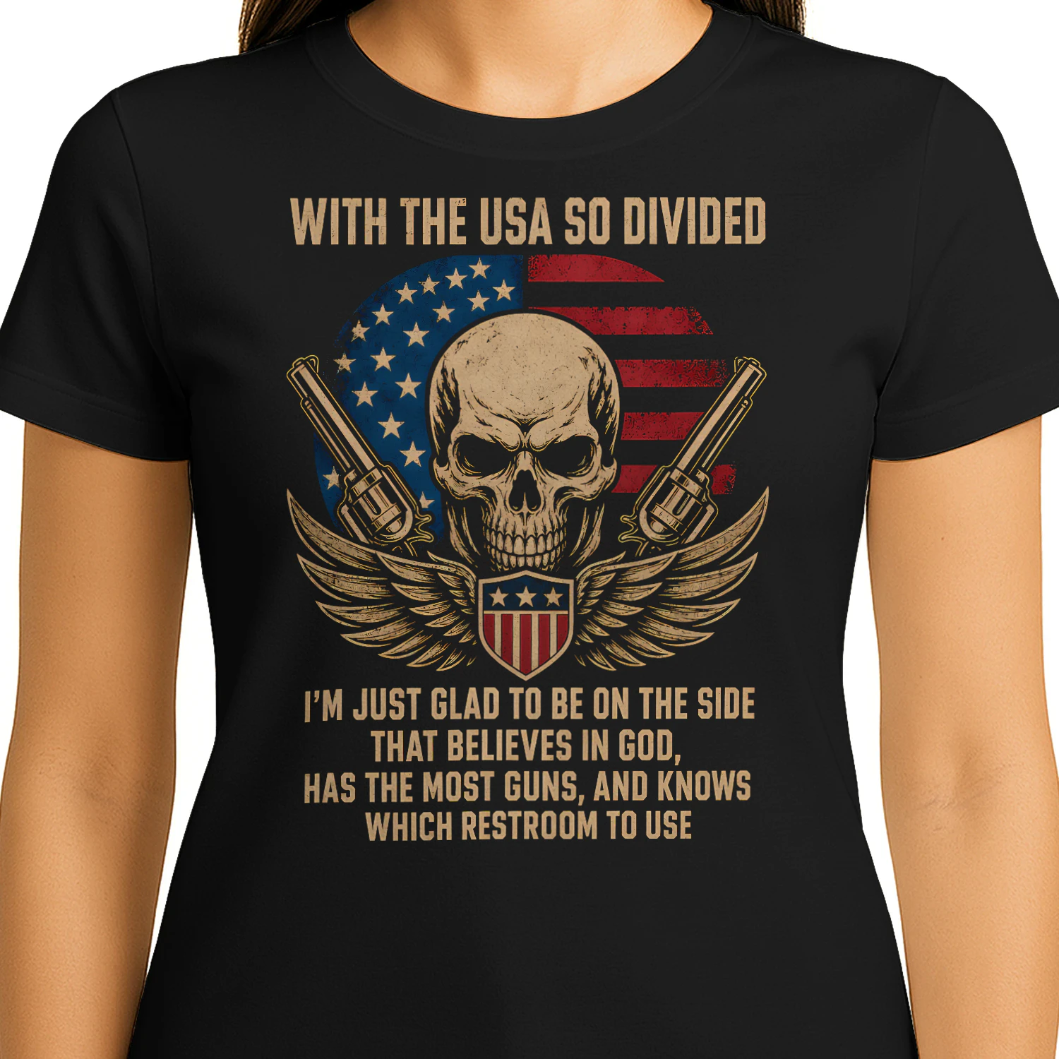 USA Divided Skull Guns Patriotic Veteran T Shirt VET0081