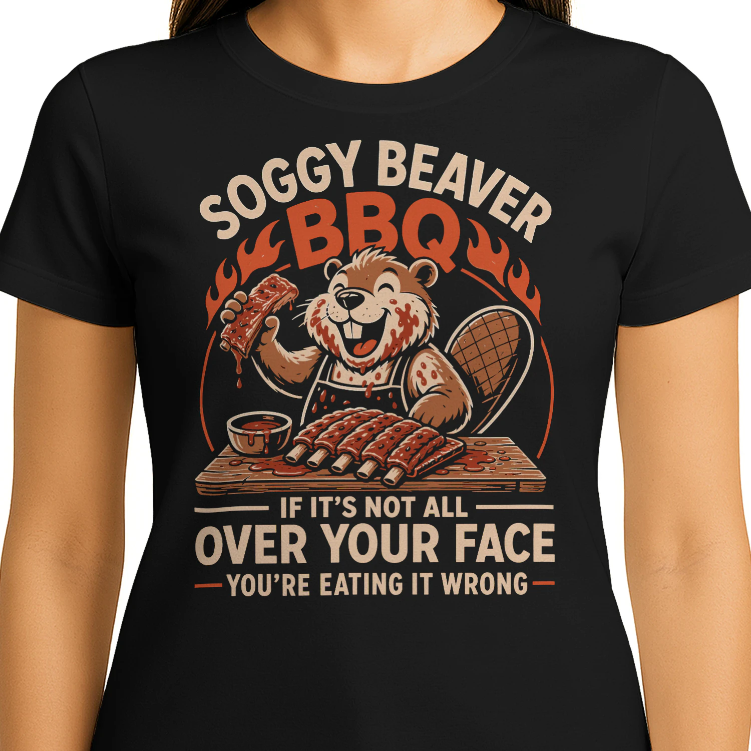 Soggy Beaver BBQ Funny Beaver Eating Ribs Barbecue Grill BBQ T Shirt BBQ0070