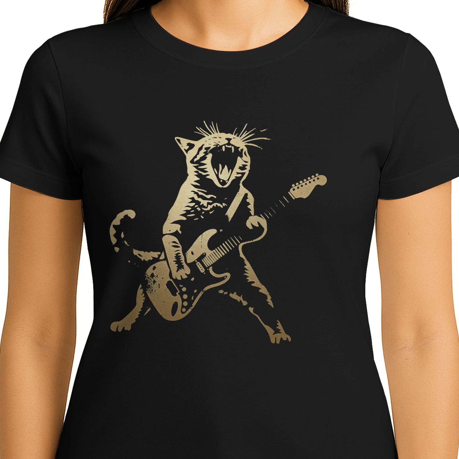 Cat Playing Electric Rock Silhouette Guitar T Shirt GTR0007