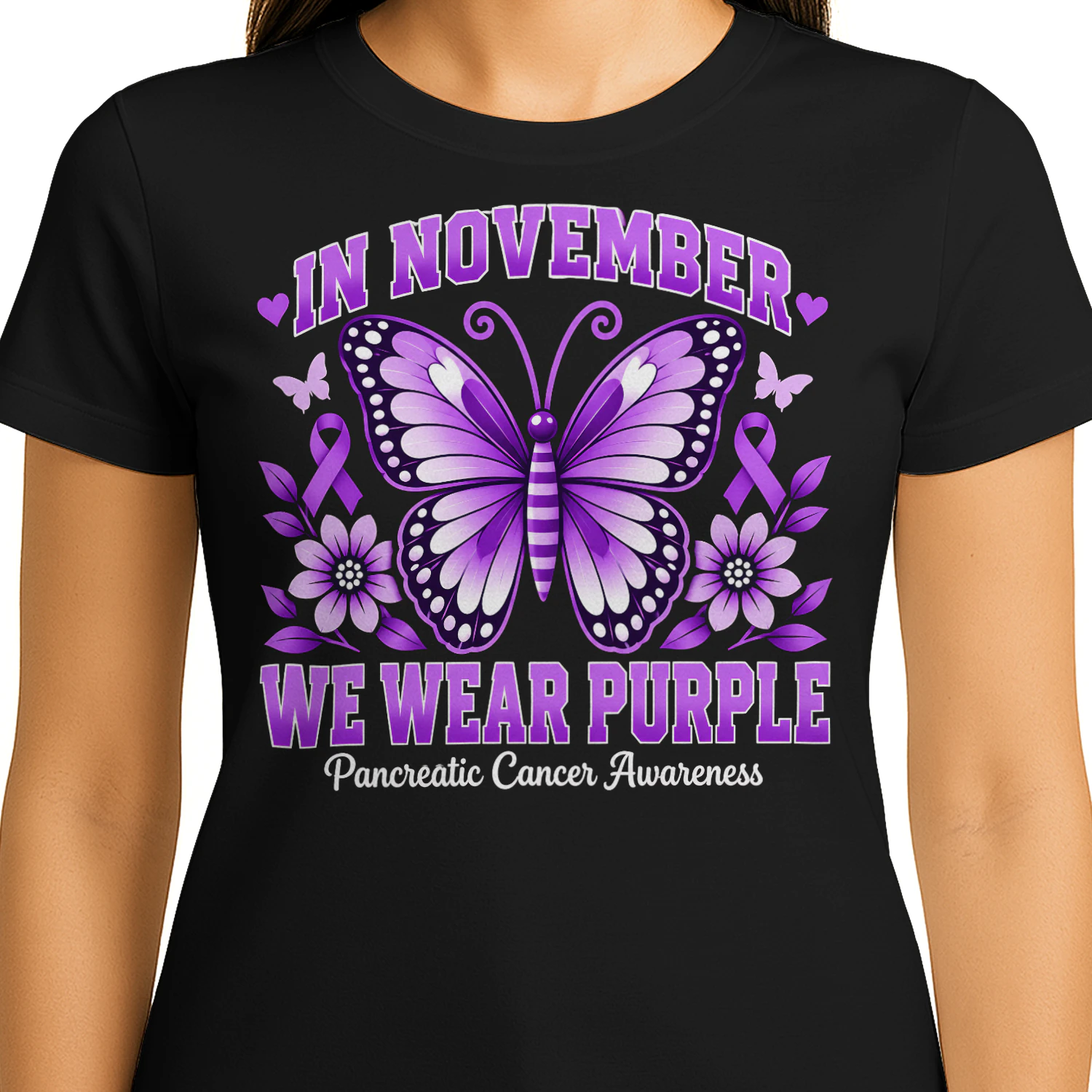 In November Purple Butterfly Pancreatic Cancer T Shirt PCC0048