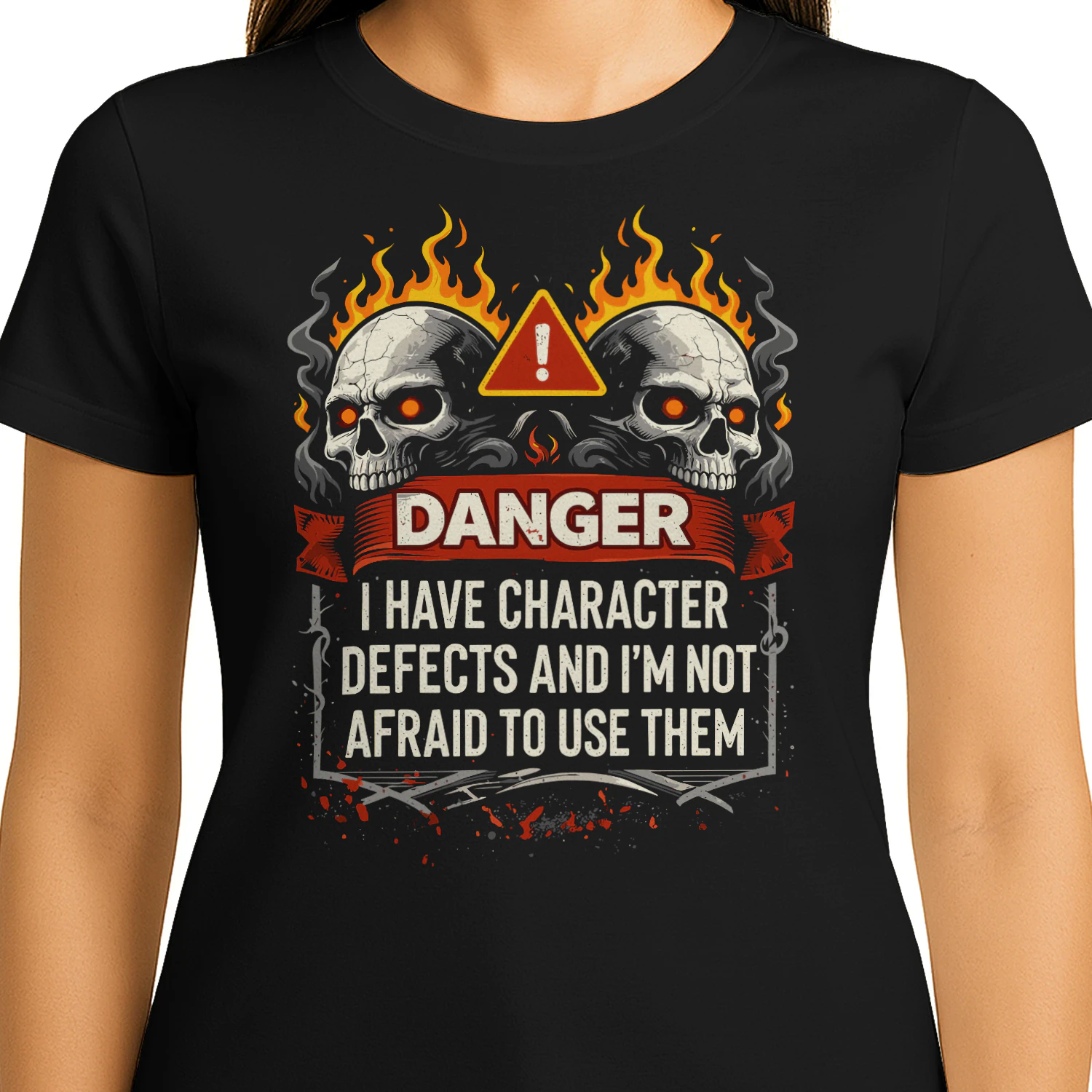 Character Defects Danger Skull Fire Recovery Humor Sobriety T Shirt SOB0004