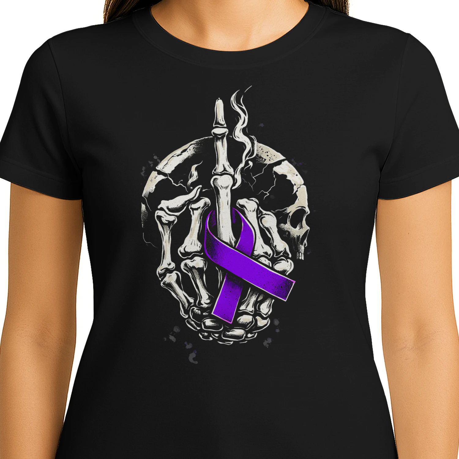 Skeleton Middle Finger Purple Ribbon Pancreatic Cancer T Shirt PCC0076