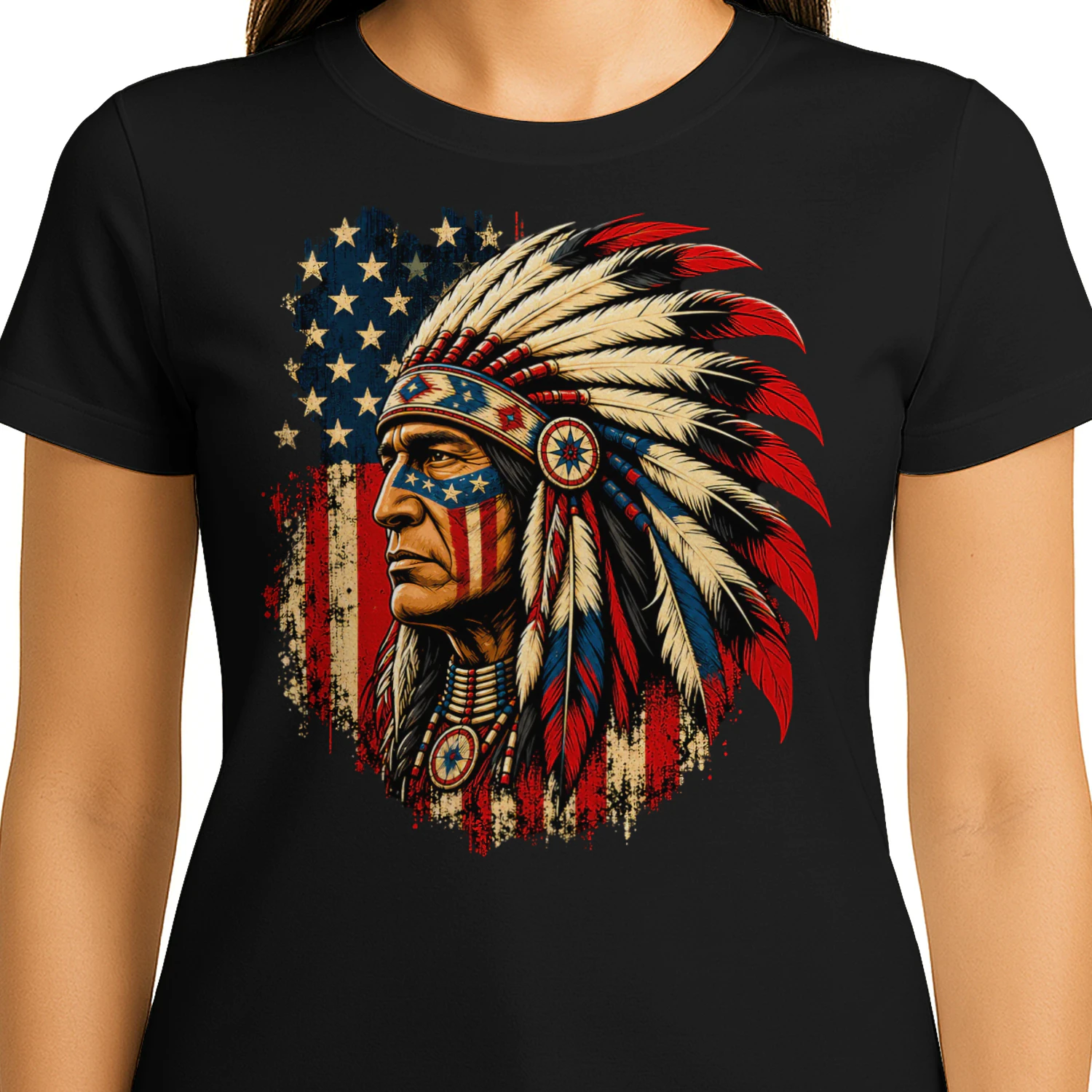 American Flag Chief Native American T Shirt NTA0004