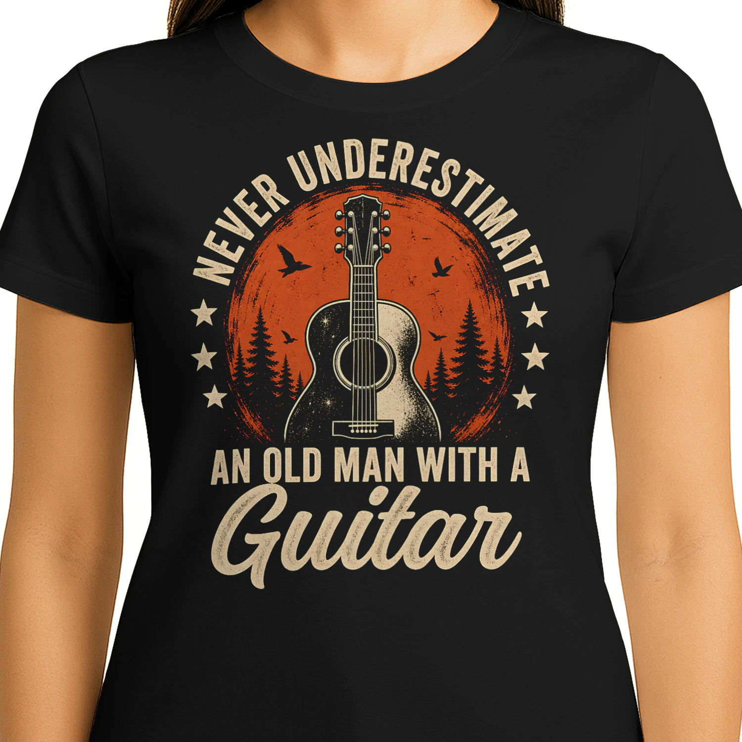 Never Underestimate Old Man Circle Guitar T Shirt GTR0029