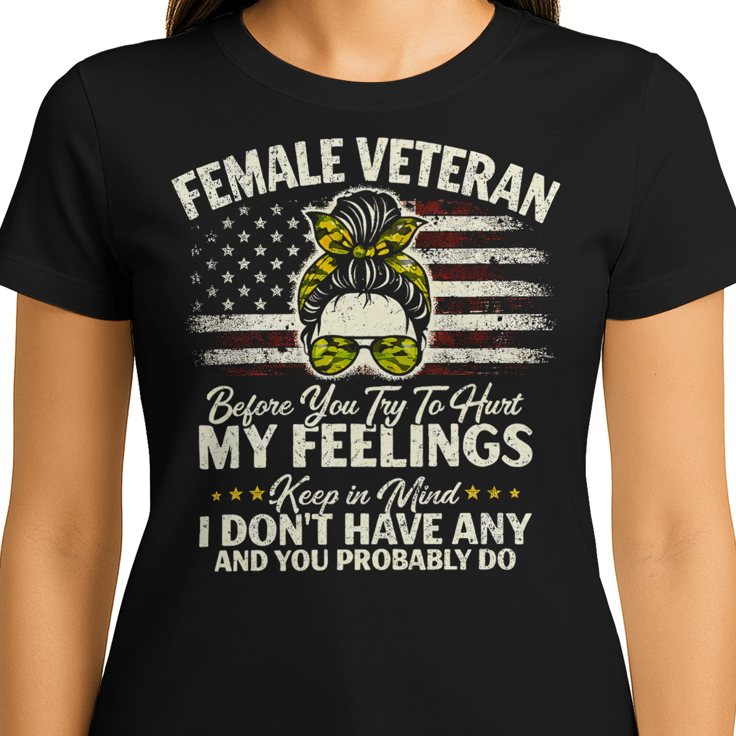Female Veteran Messy Bun Funny Flag T Shirt VET0012