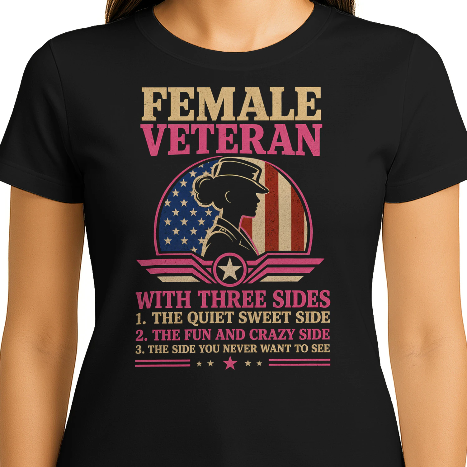 Female Veteran With Three Sides Flag T Shirt VET0013