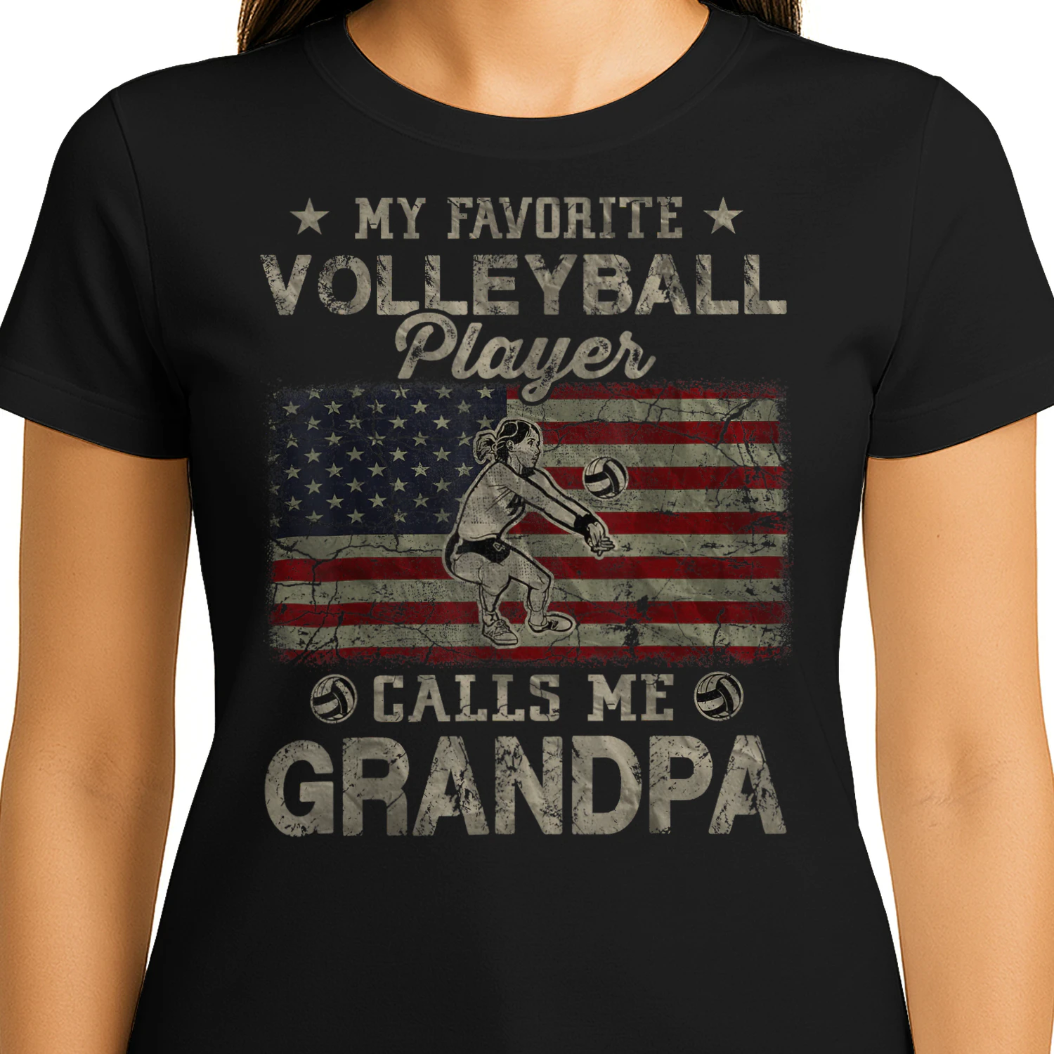 My Favorite Volleyball Player Calls Me Grandpa USA Flag T-Shirt VOL0042